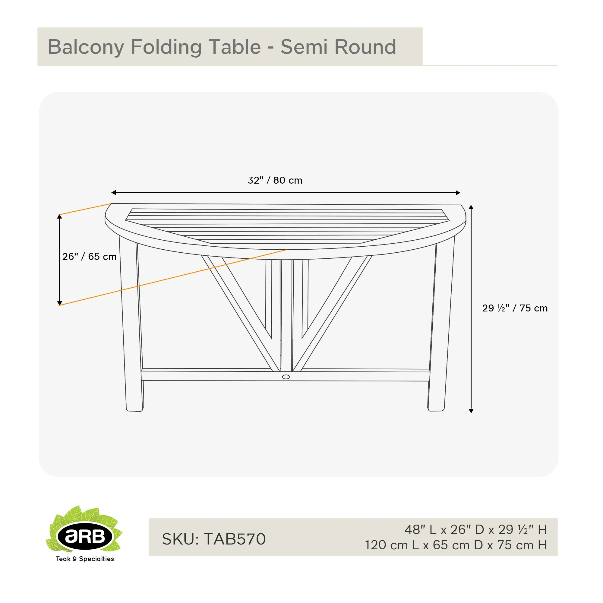 Teak Folding Balcony Table - Semi Round 48" (120 cm)