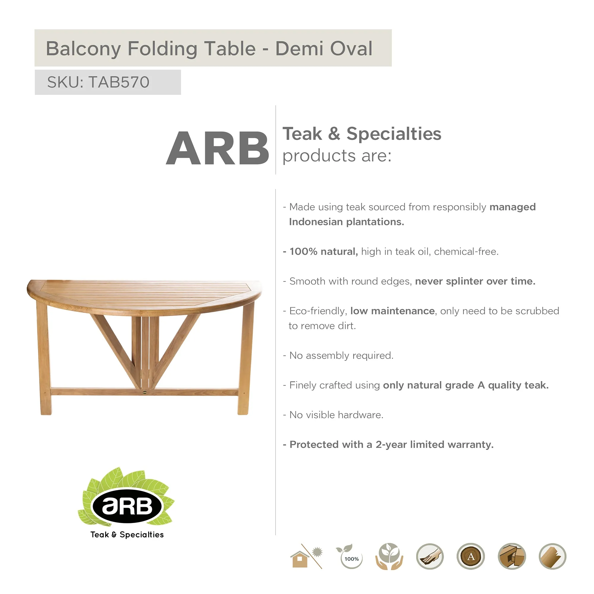 Teak Folding Balcony Table - Semi Round 48" (120 cm)