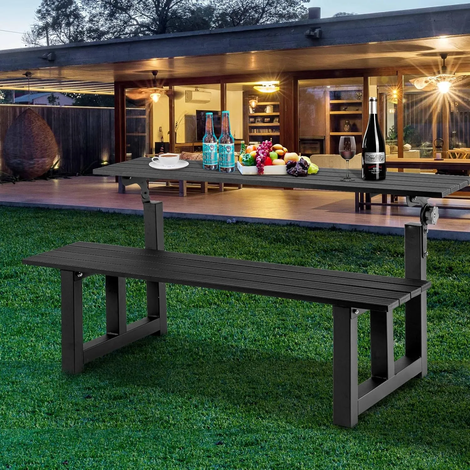 TECSPACE 47 Inches Aluminum Picnic Table Bench Black, Covertible Outdoor Bench with 400 LBS Weight Capacity for Park, Garden and Patio
