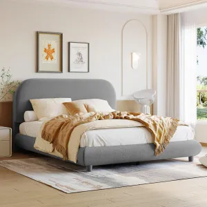 Teddy Fleece Full Size Upholstered Platform Bed with Thick Fabric, Solid Frame and Stylish Curve-Shaped Design, W/Wooden Slat Support,for Kids Teens Adults Bedroom,Beige