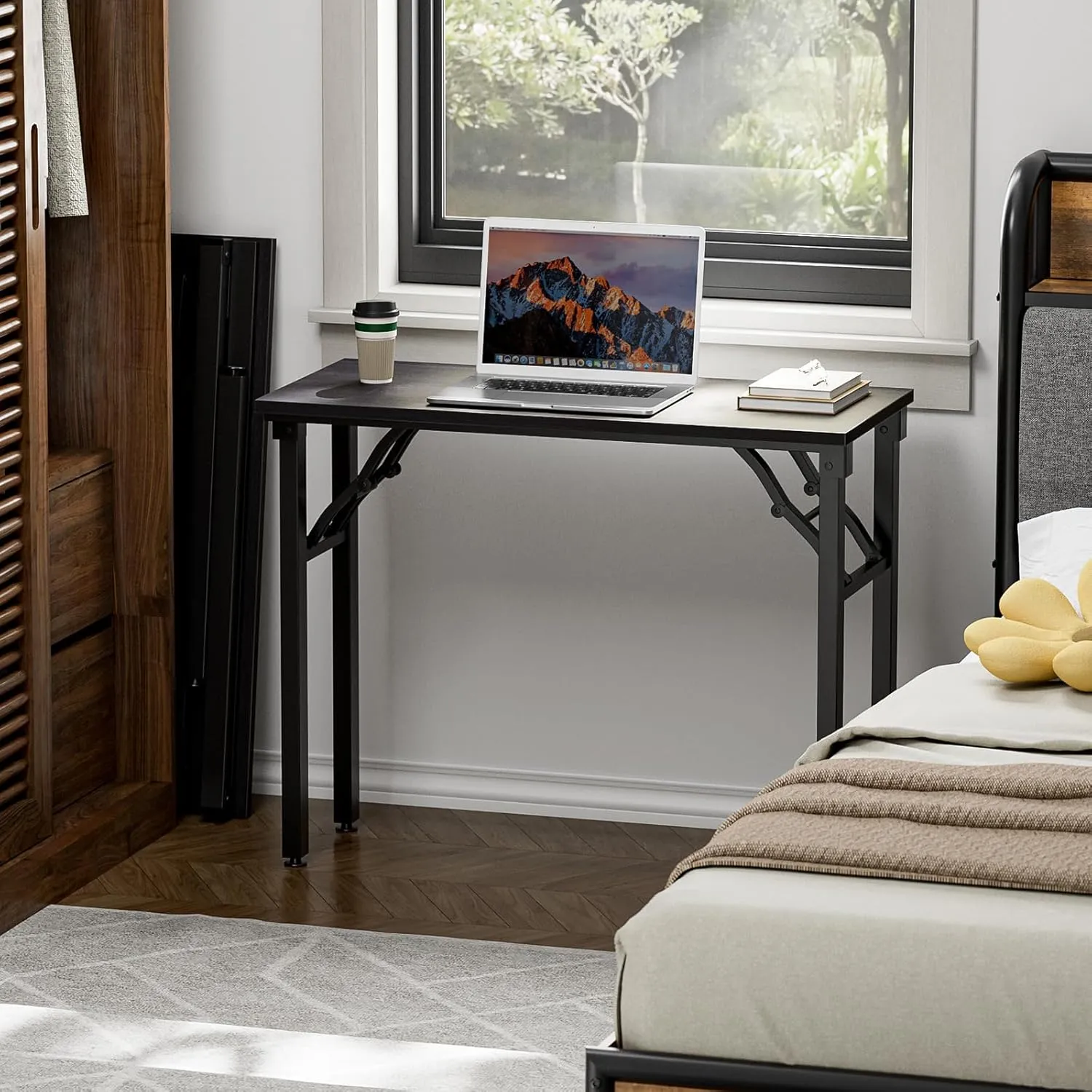 TEMI Small Computer Desk Folding Table - 35.8" Foldable Office Desk, No Assembly, Perfect for Small Spaces in Bedroom, or Apartment, Portable Mini Desk or Study Table Compact Design, Charcoal Wenge