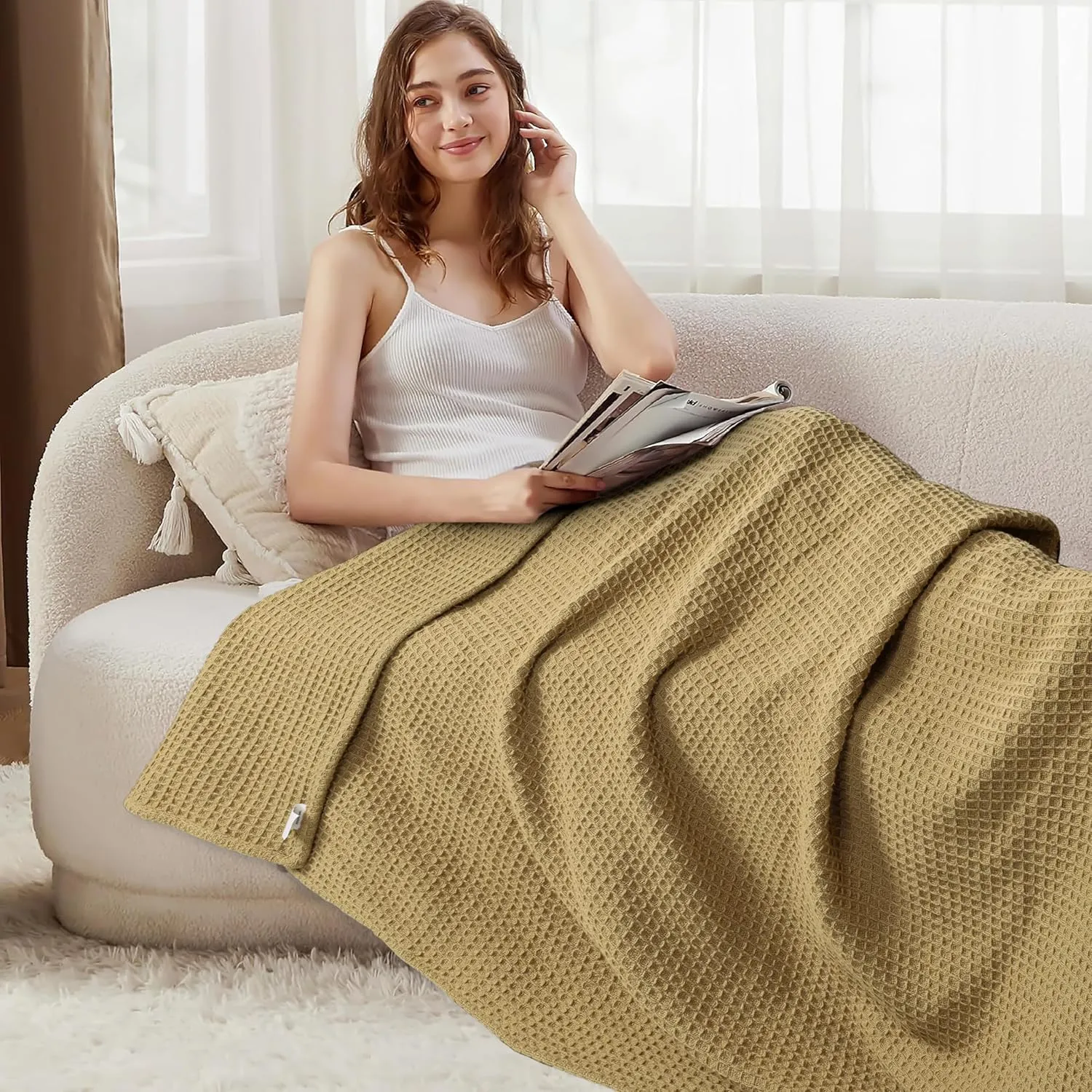 Tex Trend 100% Cotton Blanket – Soft and Breathable Twin XL Waffle Blanket – All Season Comfort – Suitable for Bed Layering, Sofa, Couch - Khaki (60”x90”)