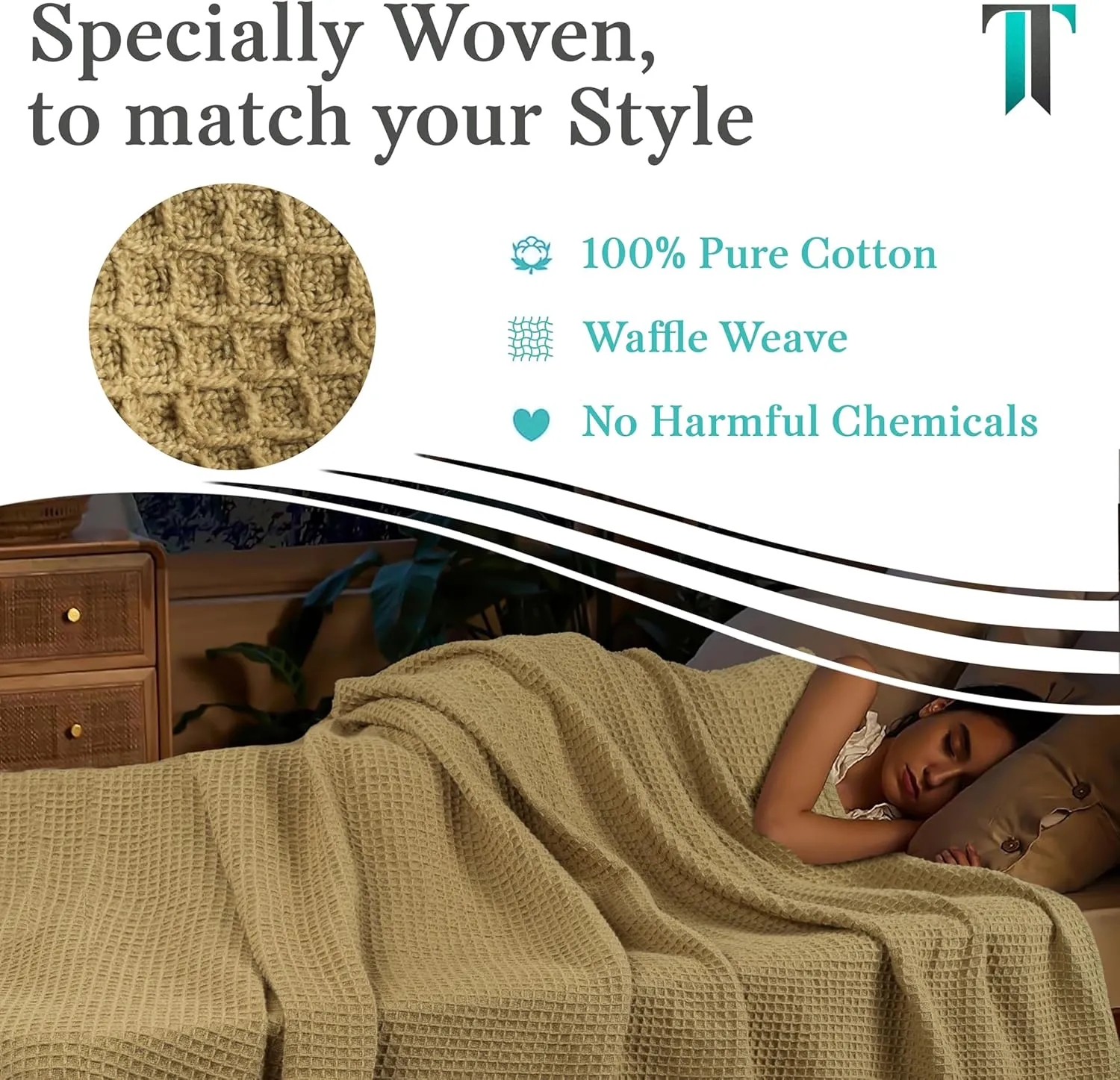 Tex Trend 100% Cotton Blanket – Soft and Breathable Twin XL Waffle Blanket – All Season Comfort – Suitable for Bed Layering, Sofa, Couch - Khaki (60”x90”)