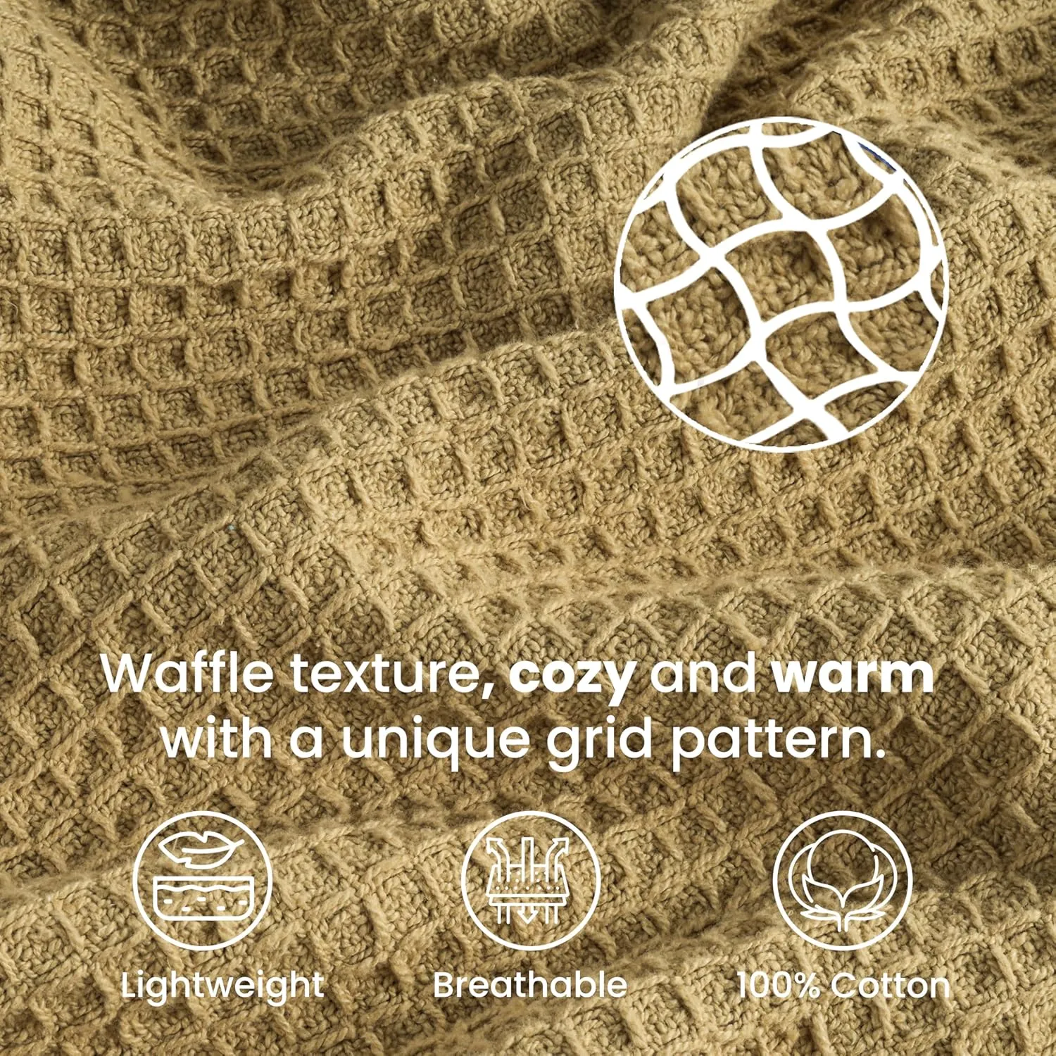 Tex Trend 100% Cotton Blanket – Soft and Breathable Twin XL Waffle Blanket – All Season Comfort – Suitable for Bed Layering, Sofa, Couch - Khaki (60”x90”)