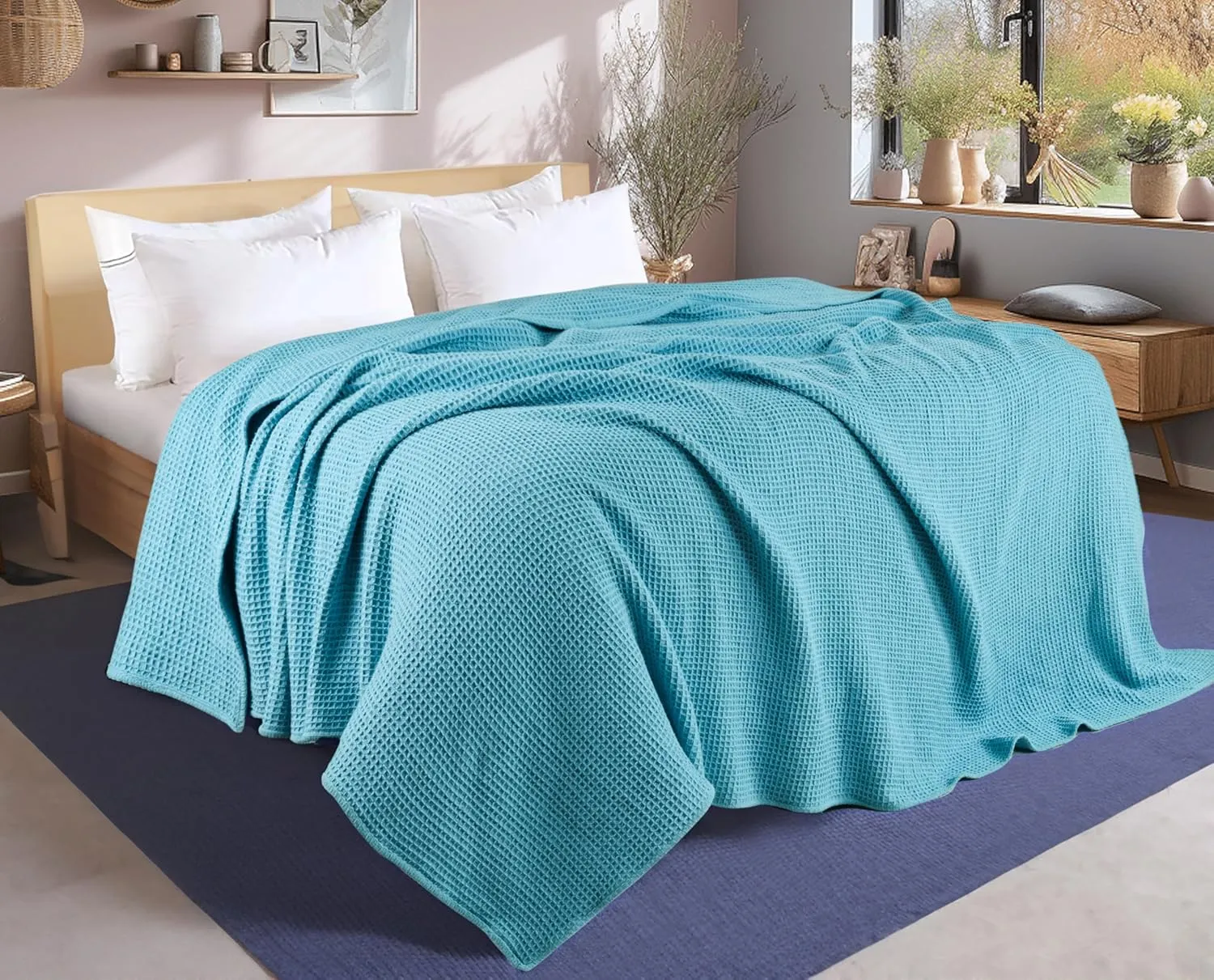 Tex Trend 100% Cotton Blankets King Size – Durable and Versatile Waffle Weave Blankets for Year Round Coziness – Breathable & Lightweight - Blue (90”x108”)