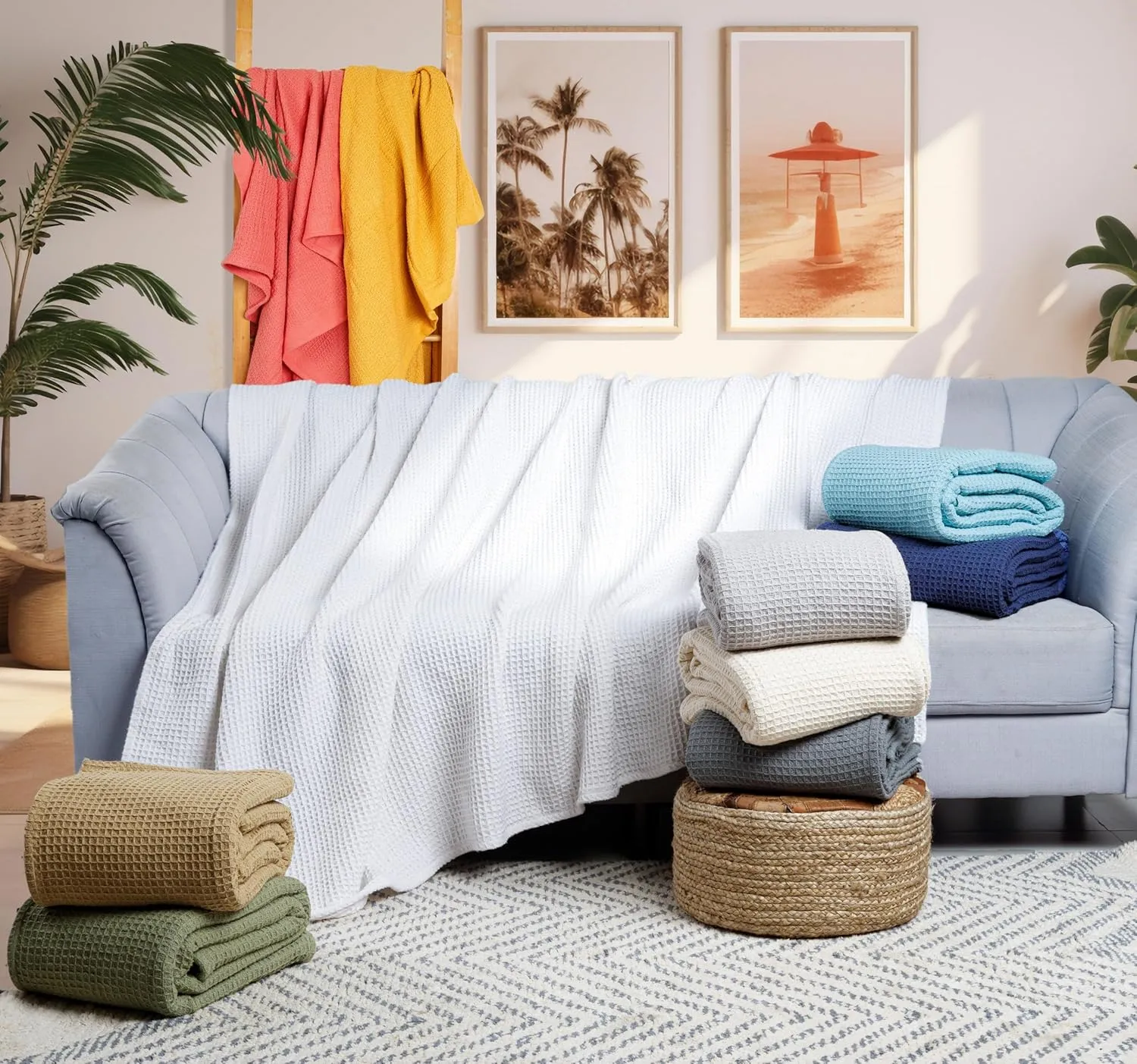 Tex Trend 100% Cotton Blankets King Size – Durable and Versatile Waffle Weave Blankets for Year Round Coziness – Breathable & Lightweight - Blue (90”x108”)
