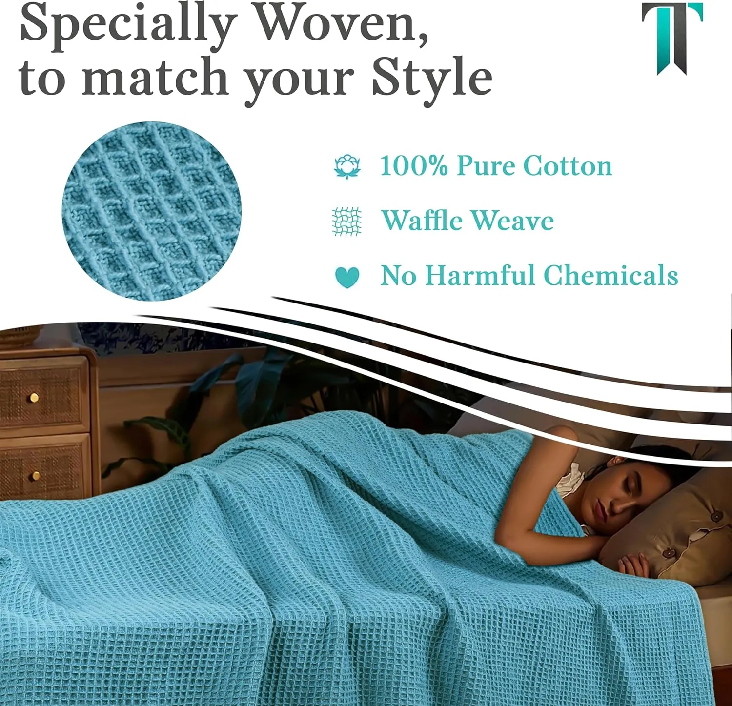 Tex Trend 100% Cotton Blankets King Size – Durable and Versatile Waffle Weave Blankets for Year Round Coziness – Breathable & Lightweight - Blue (90”x108”)