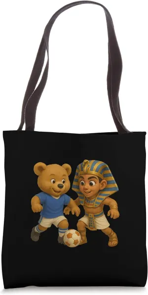 The Egyptian Pharaoh King Tut Play Soccer with a Teddy Bear Tote Bag