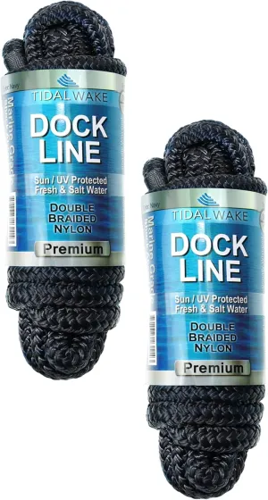 Tidal Wake Marine Grade Double Braided Nylon Dock Lines with 12” Eyelet Loop– Premium Boat Mooring Ropes 3/8" x 15 ft, Weather Resistant, 2 Pack – Black