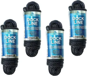 Tidal Wake Marine Grade Double Braided Nylon Dock Lines with 12” Eyelet Loop– Premium Boat Mooring Ropes 3/8" x 15 ft, Weather Resistant, 4 Pack – Black