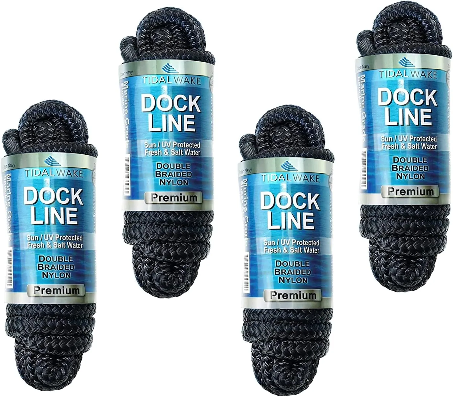 Tidal Wake Marine Grade Double Braided Nylon Dock Lines with 12” Eyelet Loop– Premium Boat Mooring Ropes 3/8" x 15 ft, Weather Resistant, 4 Pack – Black