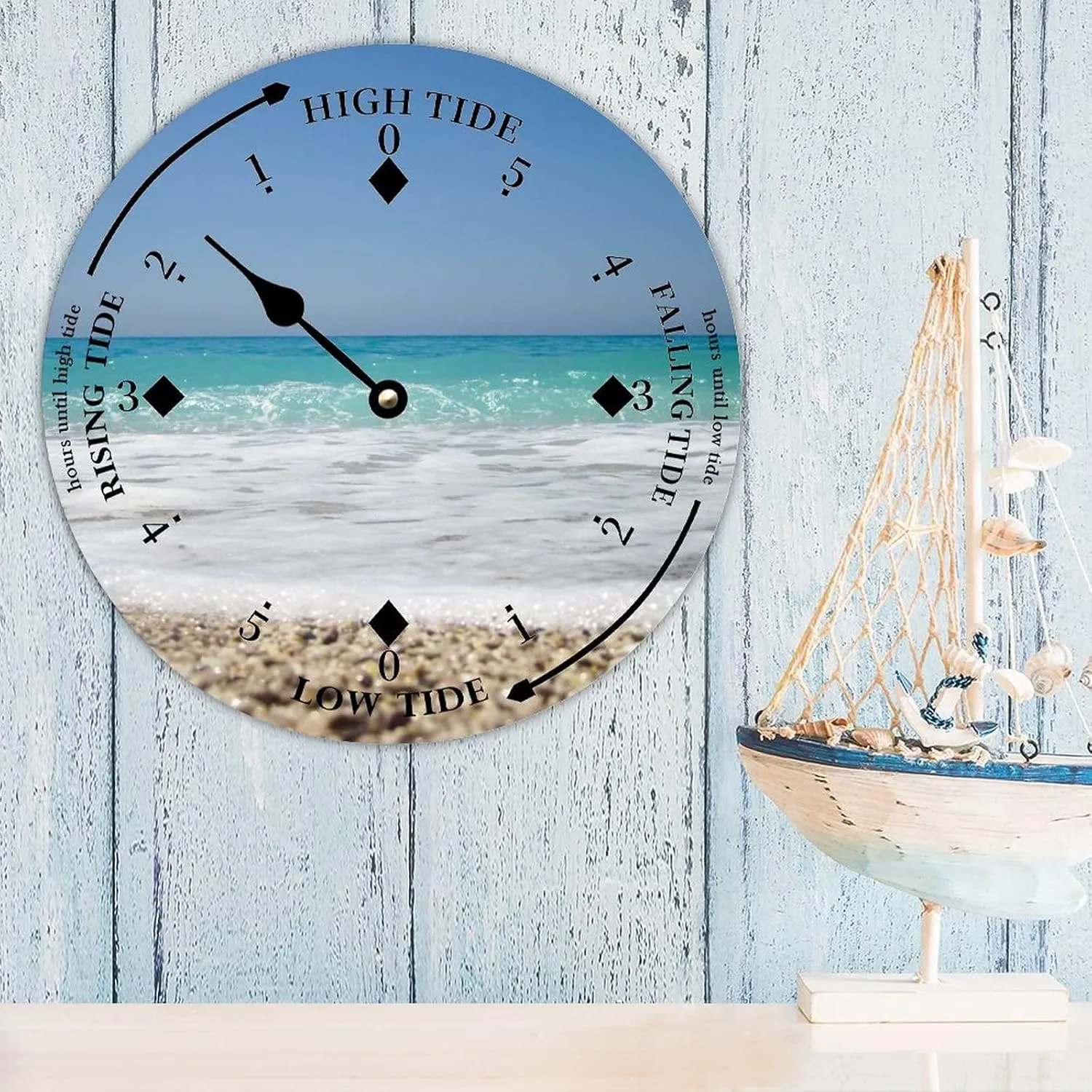 Tide Clock with High and Low Tide Stone and Beach Wall Wooden Moon Tidal Clock Ocean Time Coastal Clock Nautical Tide Movement Clock for Beach House Deck Board
