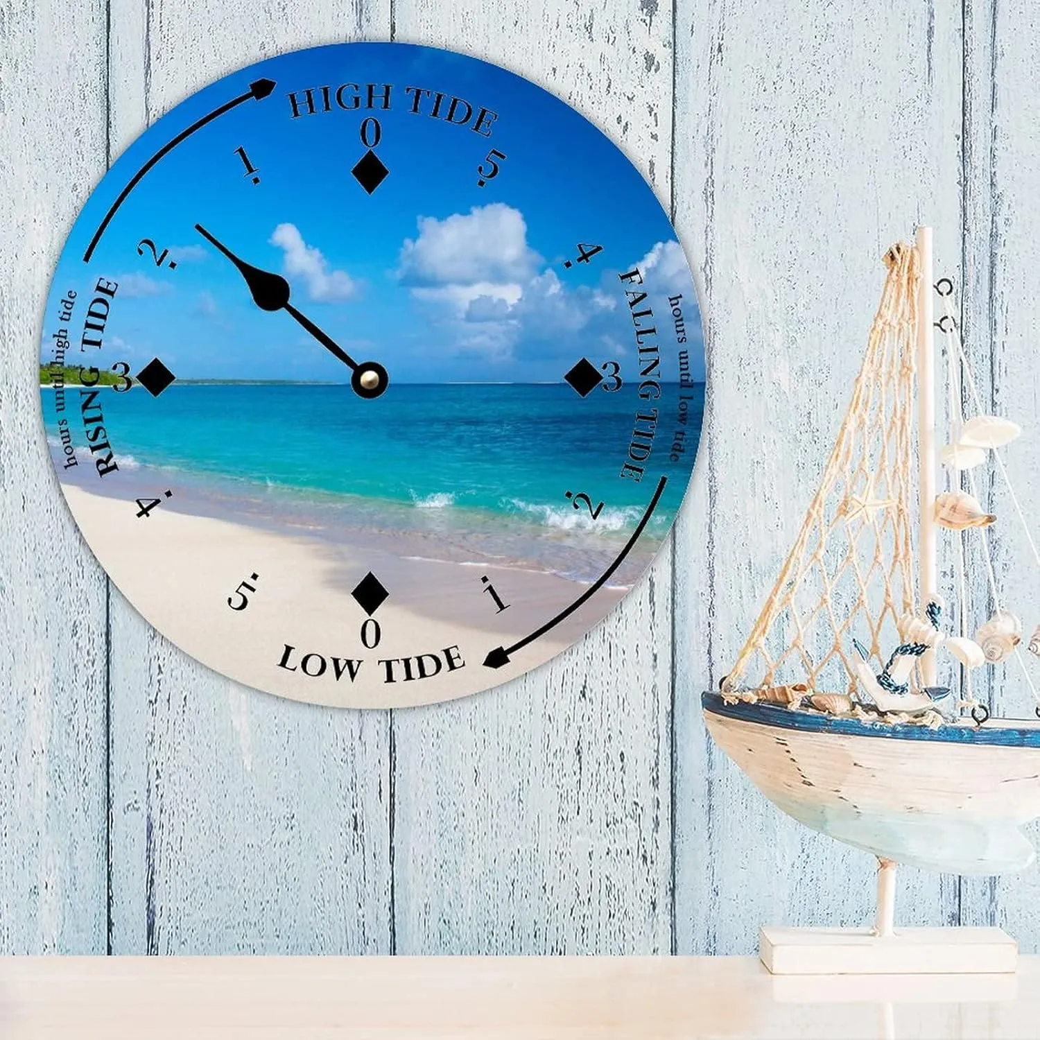 Tide Clock with High and Low Tide The Sunny Day and Beach Wall Wooden Moon Tidal Clock Ocean Time Coastal Clock Nautical Tide Movement Clock for Beach House Deck Board