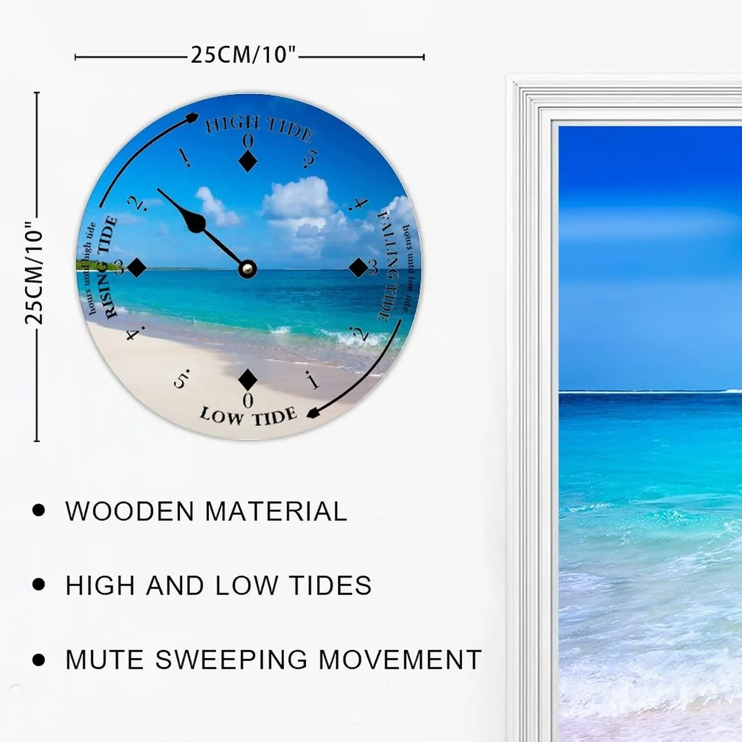 Tide Clock with High and Low Tide The Sunny Day and Beach Wall Wooden Moon Tidal Clock Ocean Time Coastal Clock Nautical Tide Movement Clock for Beach House Deck Board
