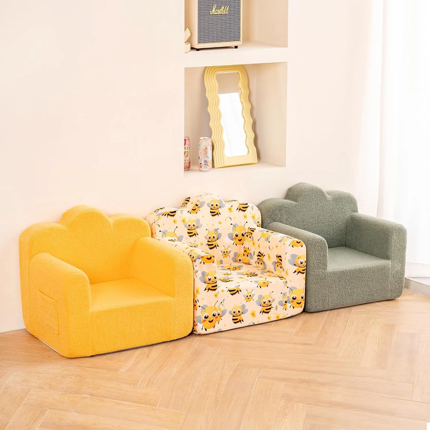 Tiita Kids Couch Plush Toddler Chair, Cloud-Like Glow in The Dark Kids Sofa Toddler Reading Chair with Washable Cover Carrying Handle, Convertible Children Sofa Chair for Girls and Boys