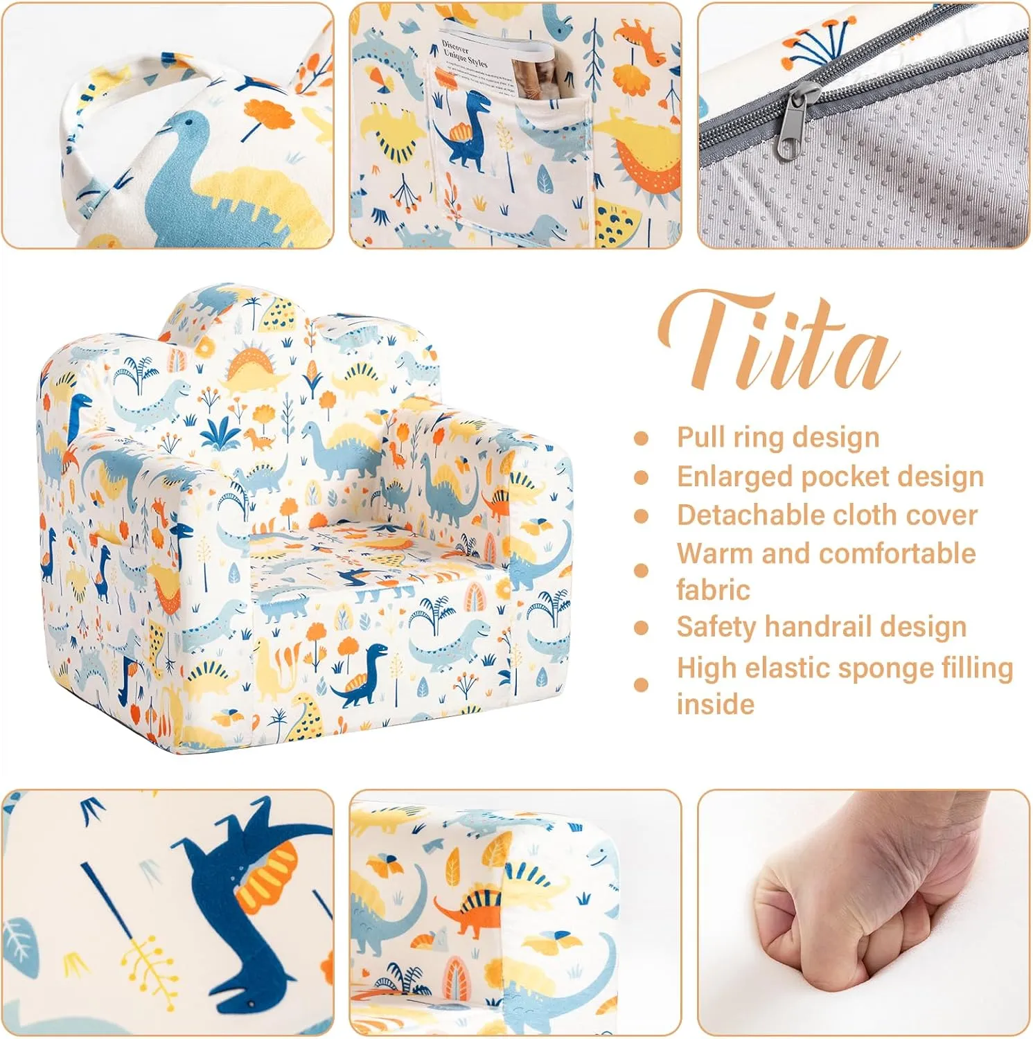 Tiita Kids Couch Toddler Chair, Cloud-Like Comfy Printed Kids Sofa Toddler Reading Chair with Washable Cover Carrying Handle, Convertible Children Sofa Chair for Girls and Boys