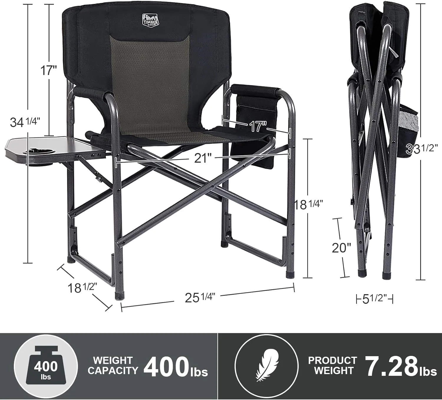 TIMBER RIDGE Aluminum Oversized Camping Chair, Lightweight Portable Directors Chair with Side Table Detachable Side Pocket for Outdoor Camping, Lawn, Picnic, Support 400lbs Black