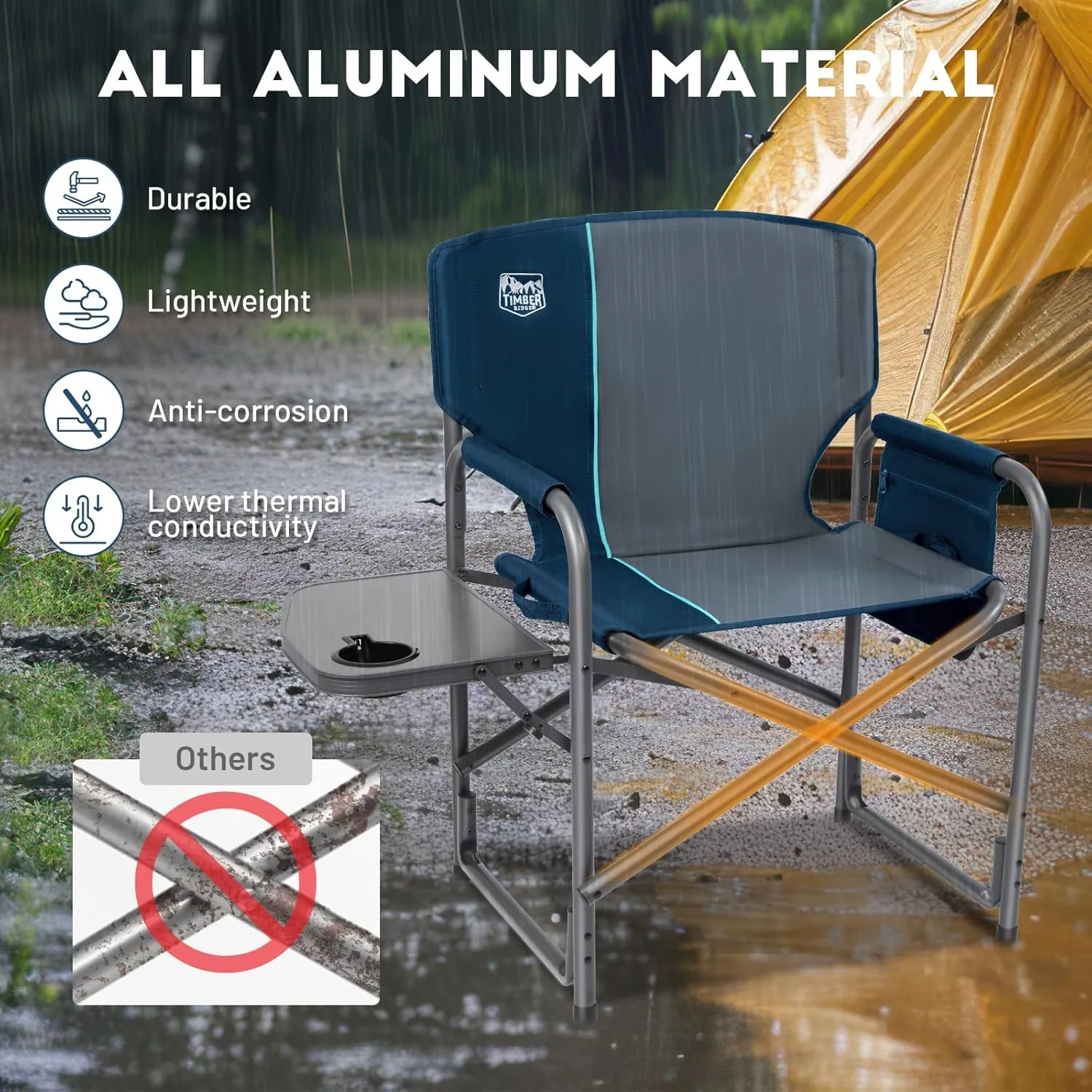 TIMBER RIDGE Aluminum Oversized Camping Chair, Lightweight Portable Directors Chair with Side Table Detachable Side Pocket for Outdoor Camping, Lawn, Picnic, Support 400lbs Blue