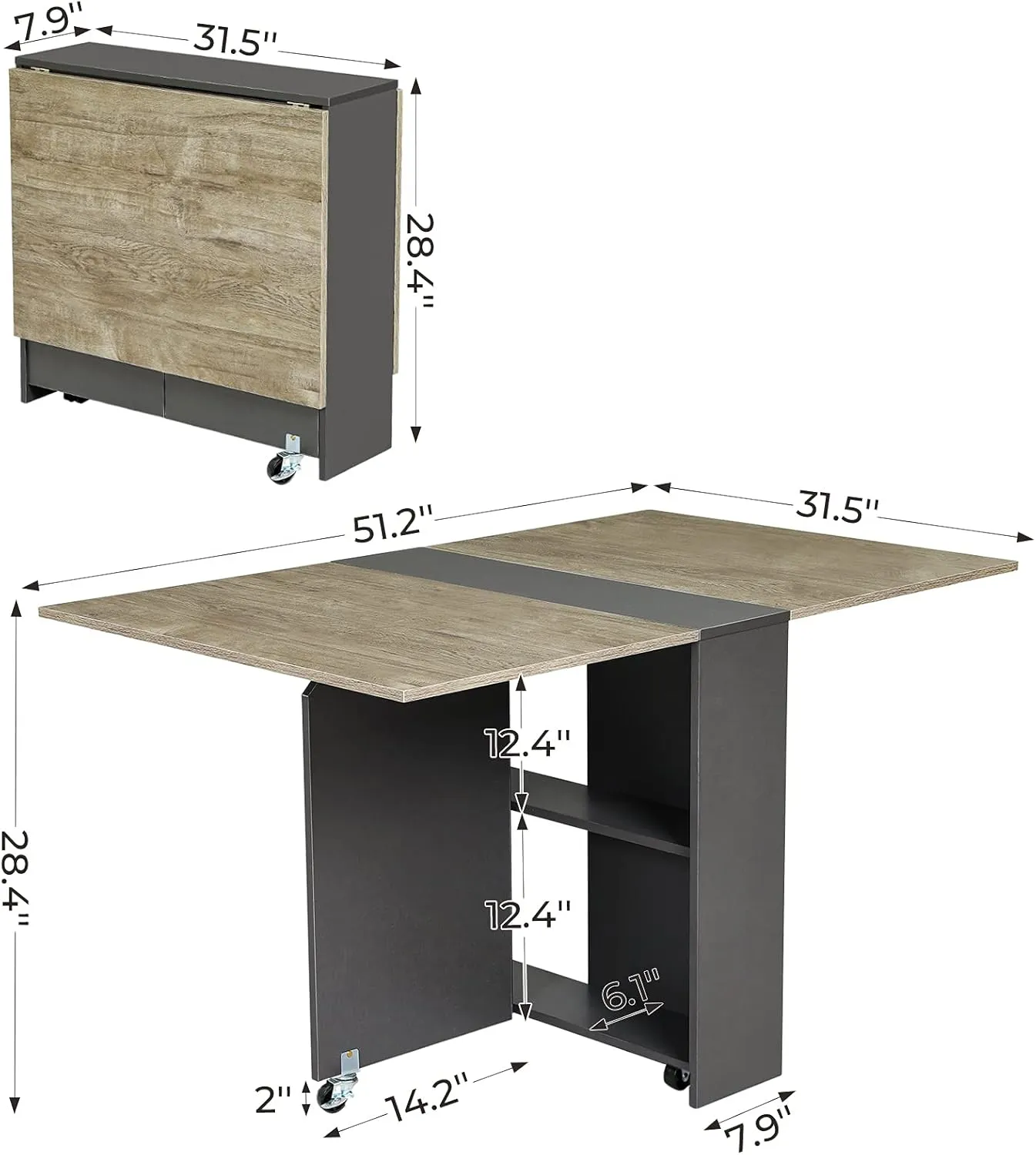 Tiptiper Folding Dining Table with 2 Storage Racks, Drop Leaf Table with 6 Wheels, Multifunction Expandable Table for Kitchen, Bedroom, Living Room