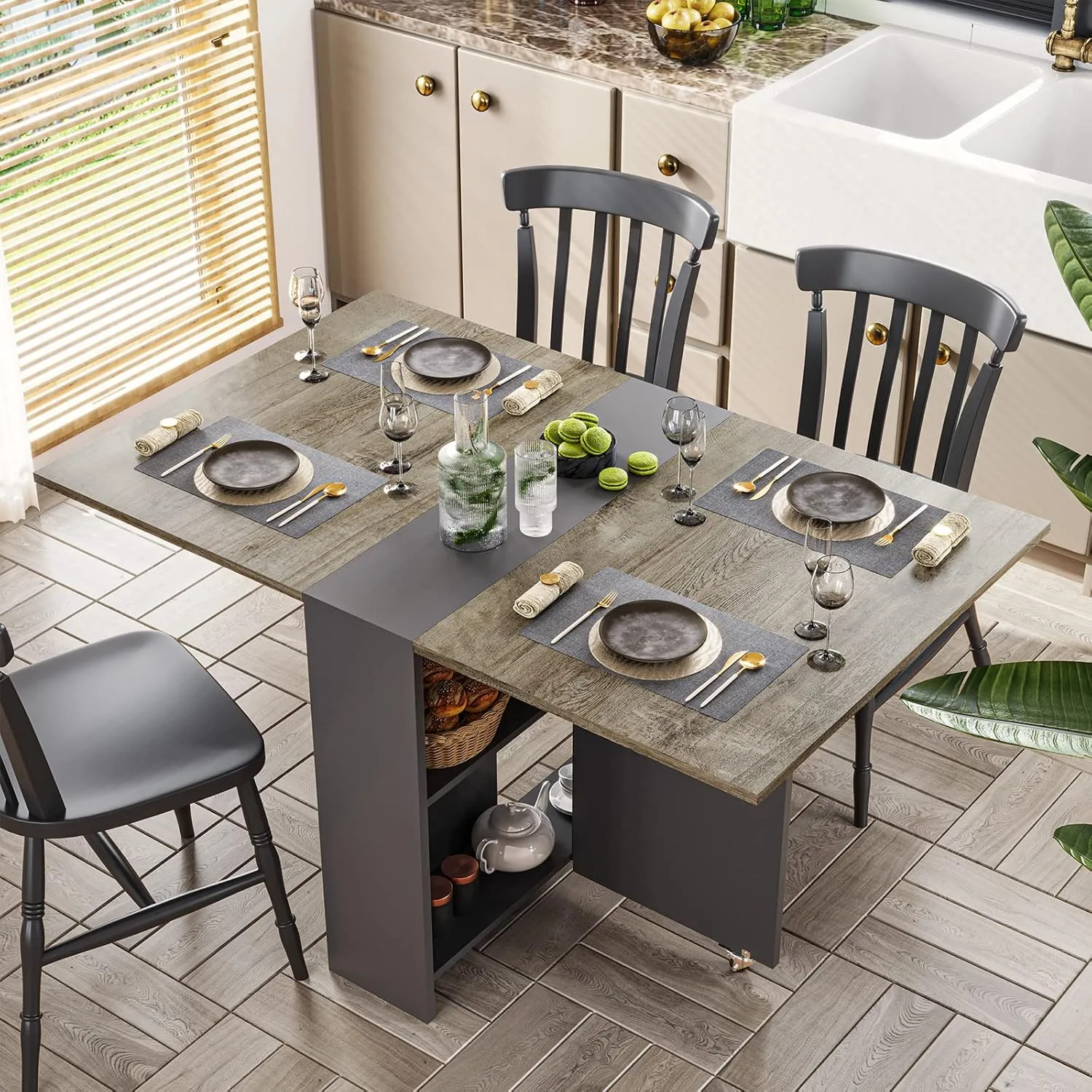 Tiptiper Folding Dining Table with 2 Storage Racks, Drop Leaf Table with 6 Wheels, Multifunction Expandable Table for Kitchen, Bedroom, Living Room