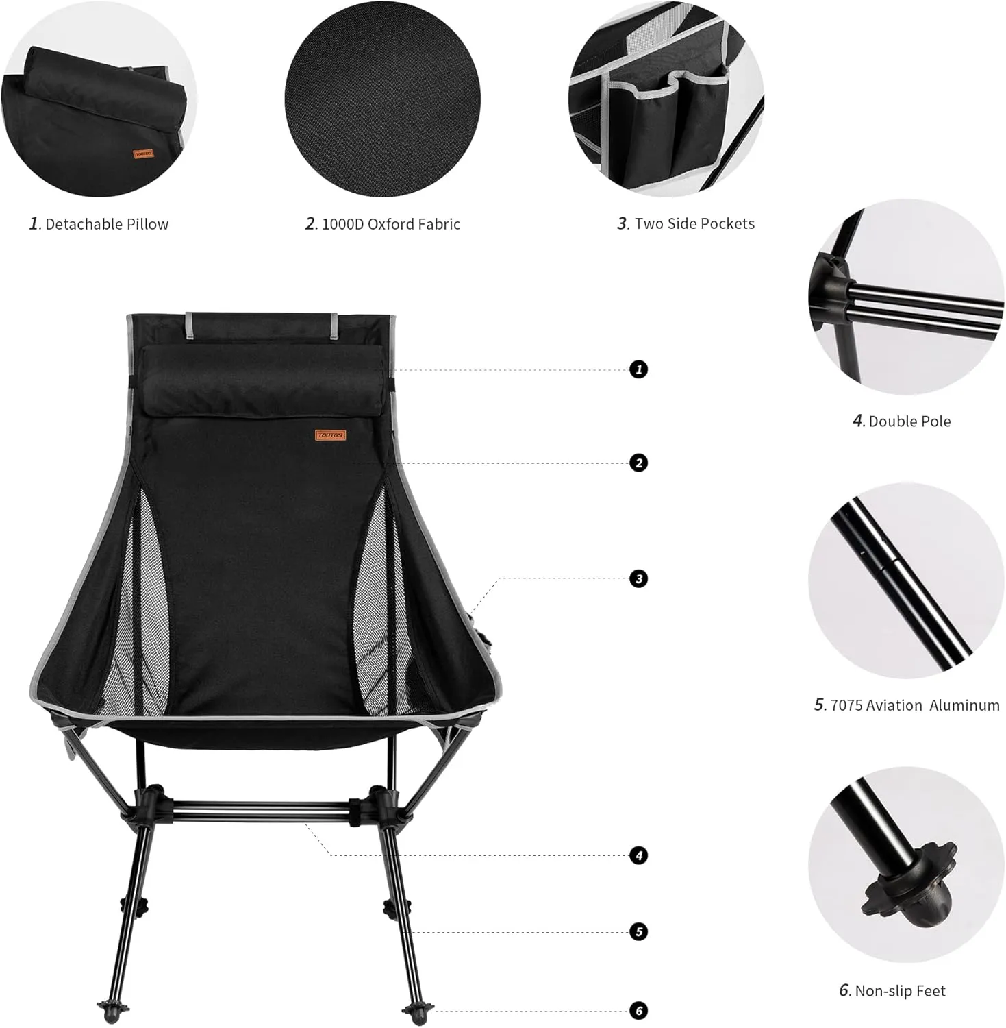 TOBTOS High Back Camping Chair, Lightweight Folding Chair with Head Support, Compact Chair with Carry Bag for Outdoor Camp, Hiking, Backpacking (Black)