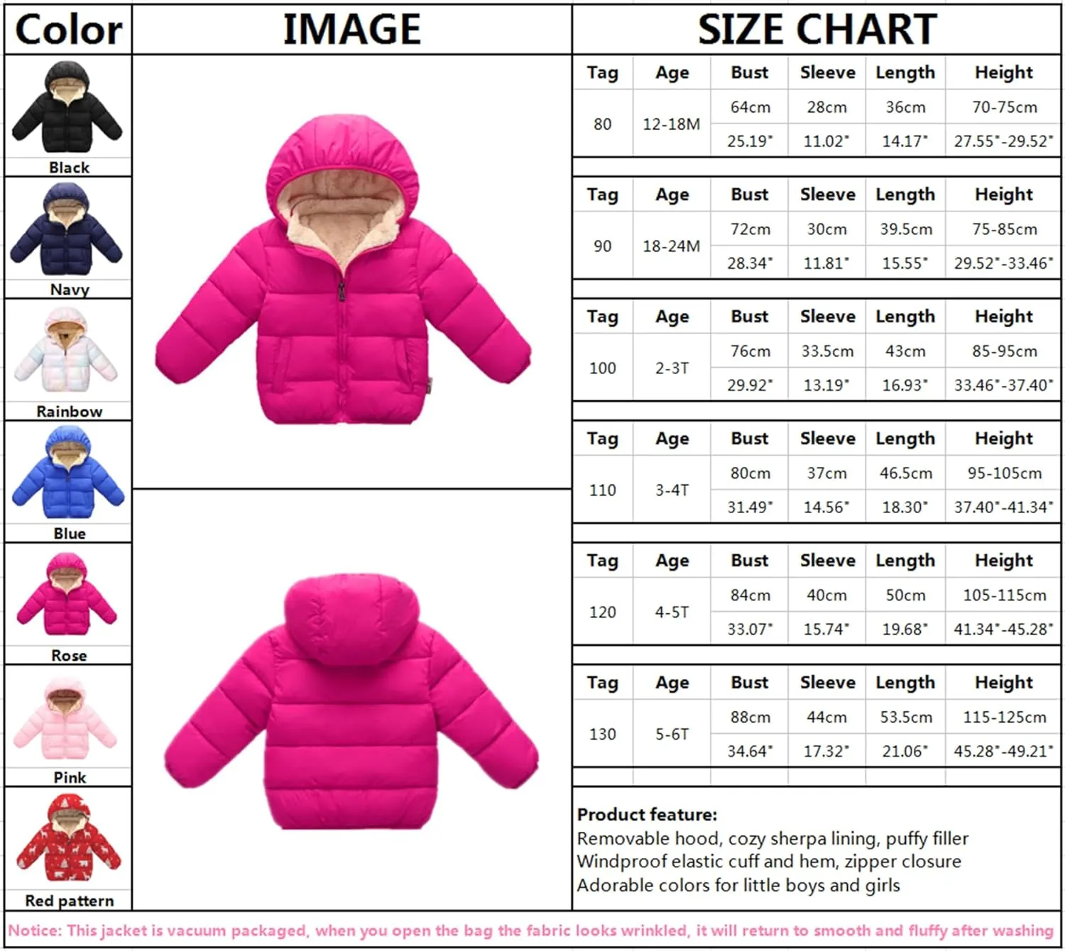 Toddler Baby Hooded Down Jacket Boys Girls Kids Thicken Warm Winter Coat Outerwear 1-7t