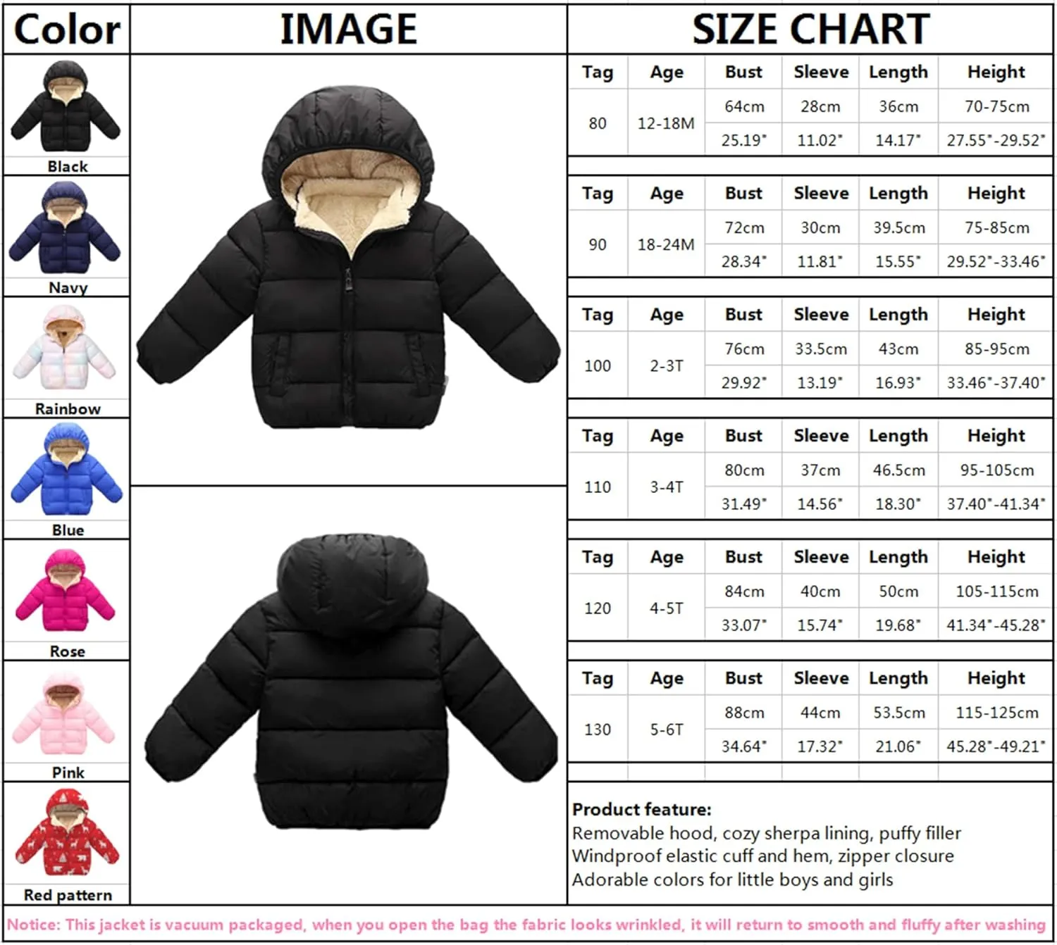 Toddler Baby Hooded Down Jacket Boys Girls Kids Thicken Warm Winter Coat Outerwear 1-7t