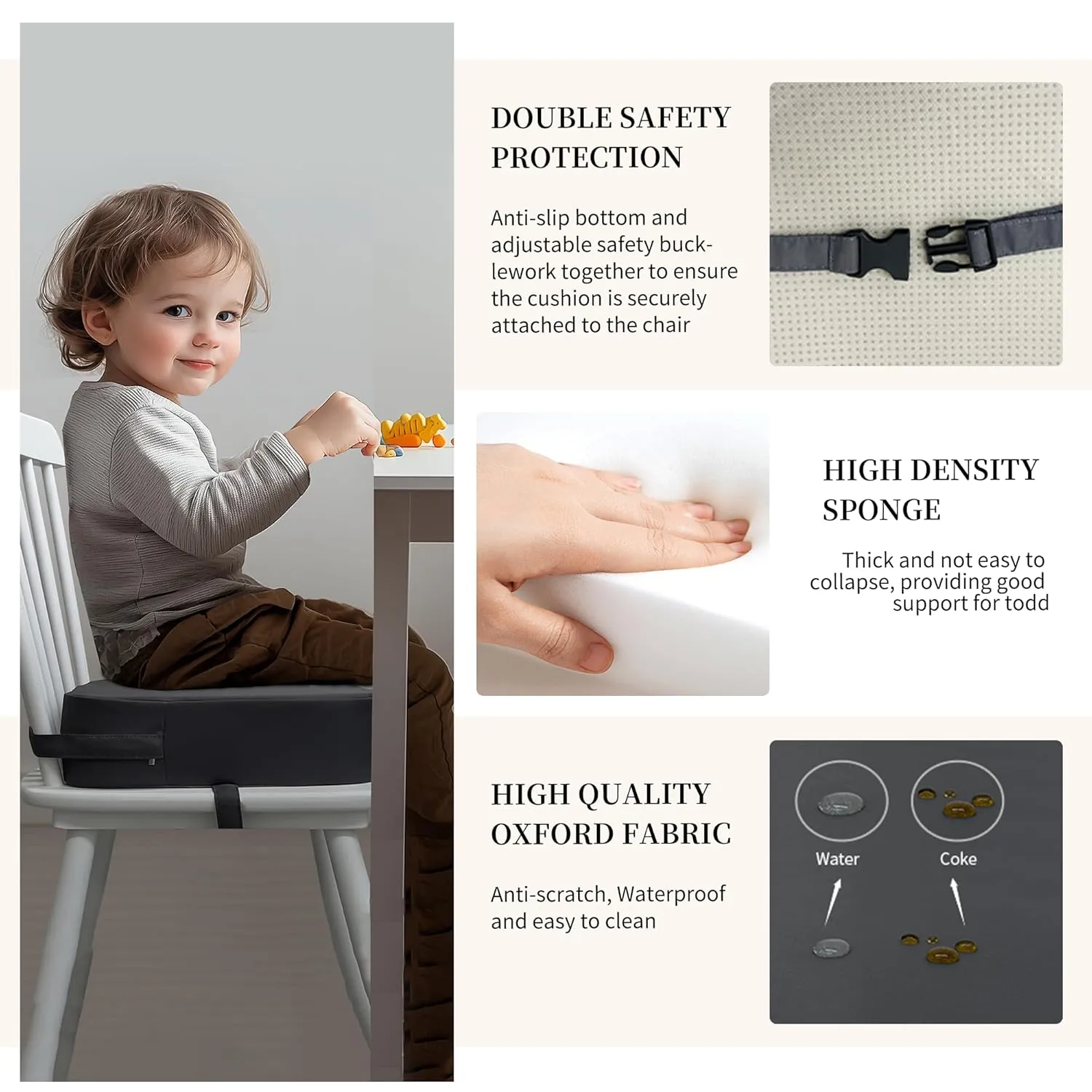 Toddler Booster Seat for Kitchen Chair, 3.5" Oxford Foam Cushion, Non-Slip Base, Adjustable Straps, Portable Dining Booster for Self-Feeding Toddlers at Home or on The Go (Dark Grey)