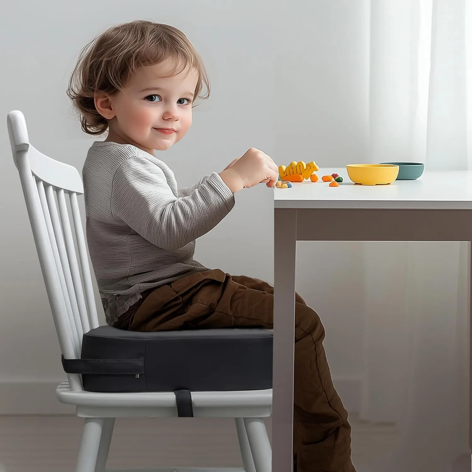 Toddler Booster Seat for Kitchen Chair, 3.5" Oxford Foam Cushion, Non-Slip Base, Adjustable Straps, Portable Dining Booster for Self-Feeding Toddlers at Home or on The Go (Dark Grey)
