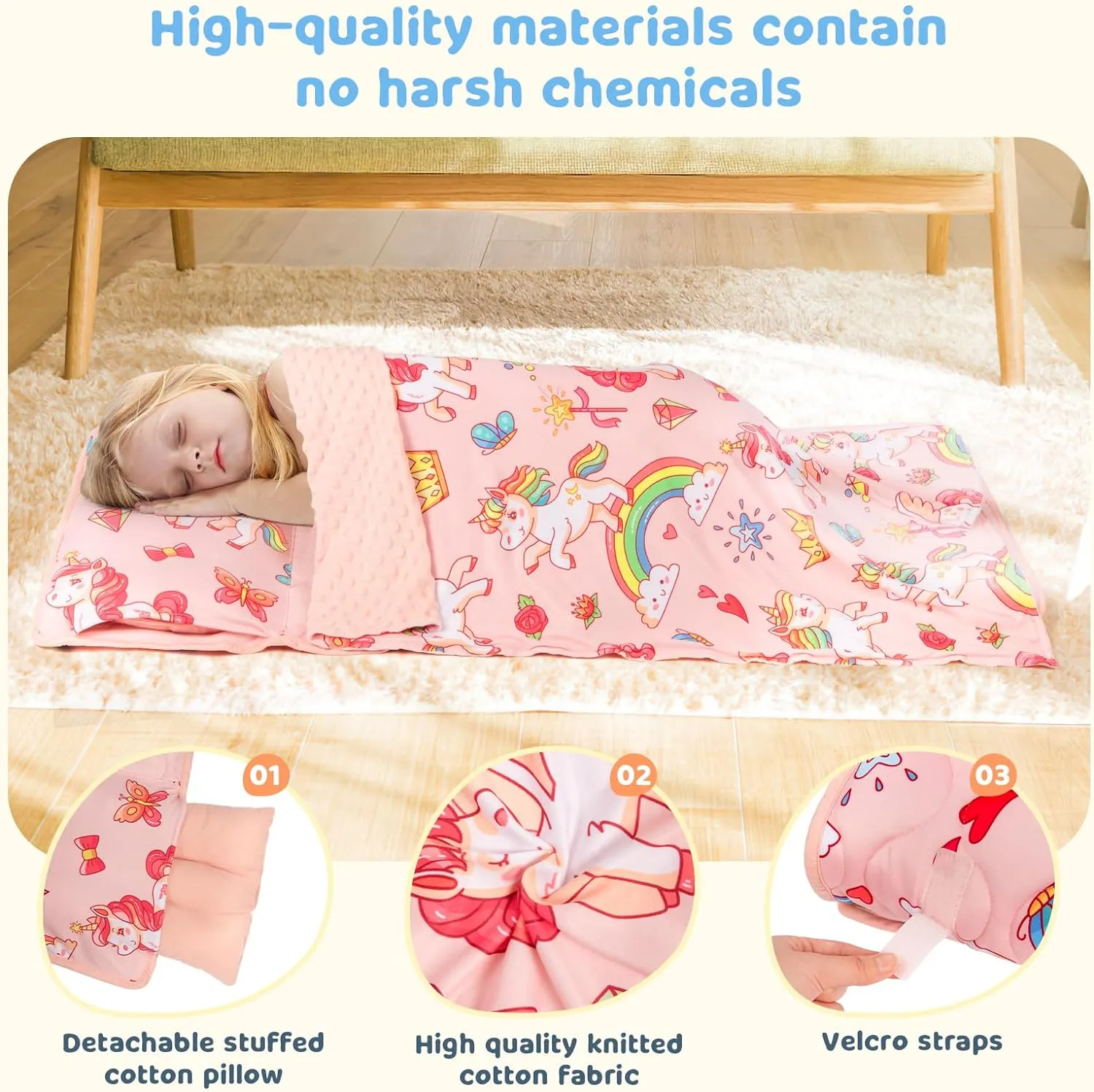 Toddler Nap Mat Extra Large 55‘’*29‘’ for 2-7 Years, Cotton Daycare Nap Mats with Removable Minky Blanket and Pillow, Boys Girls Sleep Mat for Preschool Kindergarten, Sleeping Bag Pink Unicorn