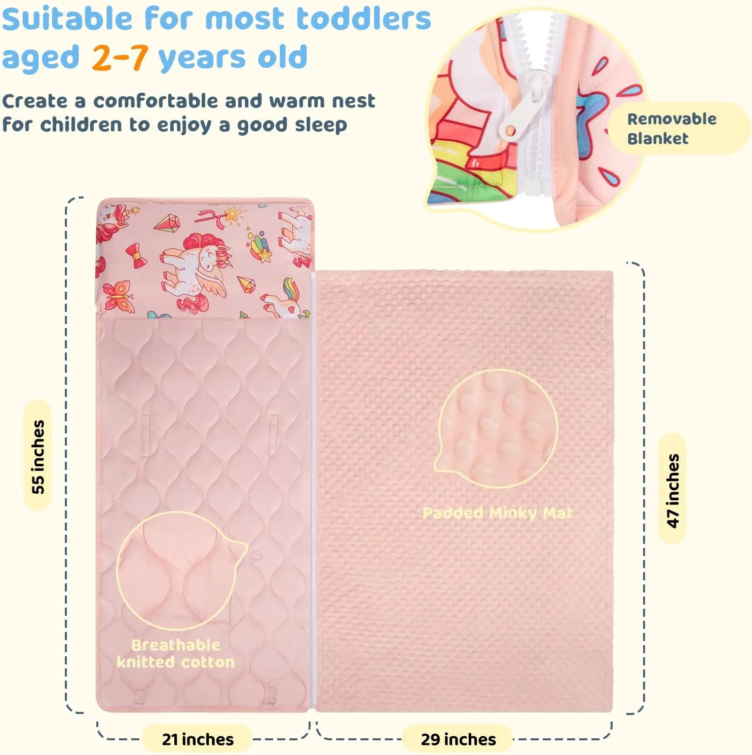 Toddler Nap Mat Extra Large 55‘’*29‘’ for 2-7 Years, Cotton Daycare Nap Mats with Removable Minky Blanket and Pillow, Boys Girls Sleep Mat for Preschool Kindergarten, Sleeping Bag Pink Unicorn