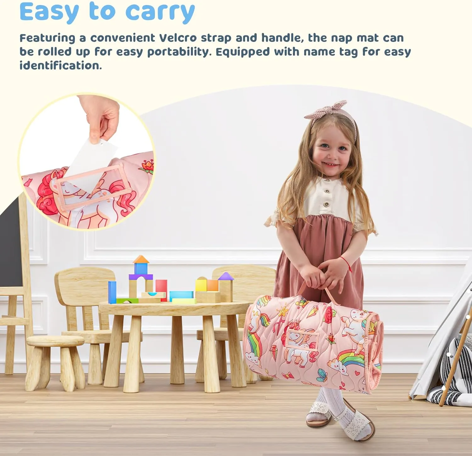 Toddler Nap Mat Extra Large 55‘’*29‘’ for 2-7 Years, Cotton Daycare Nap Mats with Removable Minky Blanket and Pillow, Boys Girls Sleep Mat for Preschool Kindergarten, Sleeping Bag Pink Unicorn