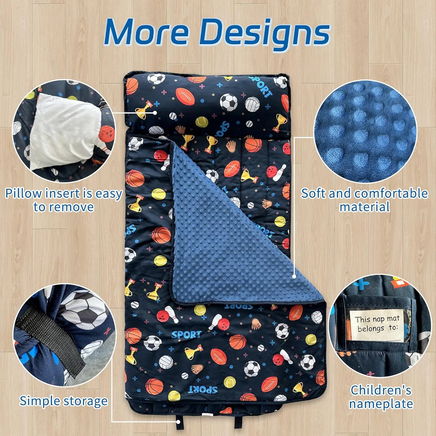 Toddler Nap Mat with Removable Pillow & Minky Blanket Roll Up Storage Kids Sleeping Bag Soft and Comfortable Toddler Sleeping Bags for Travel Camping Daycare Preschool