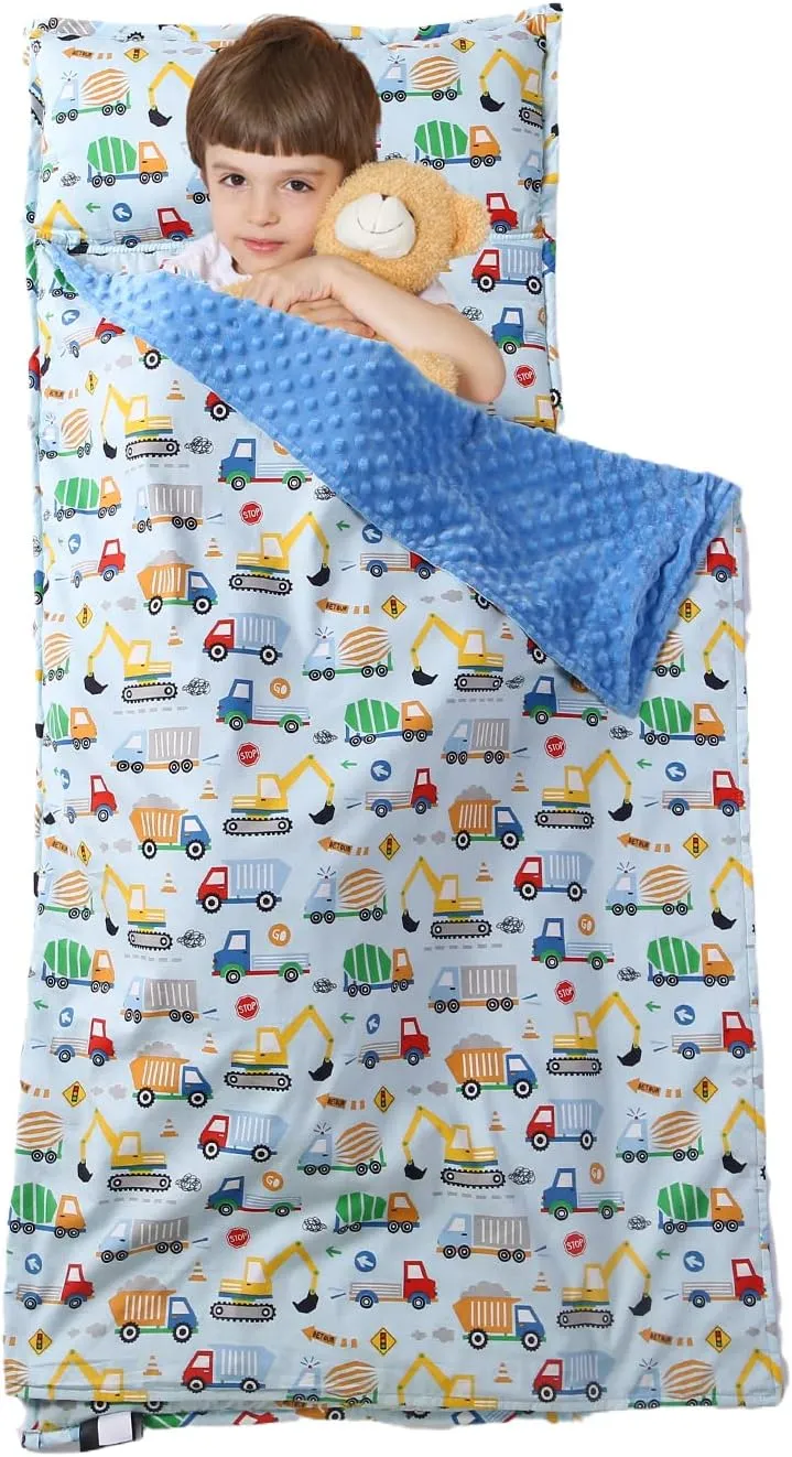 Toddler Nap Mat with Removable Pillow and Minky Blanket,Soft Rolled Napping Mats for Boys and Girls,Lightweight Daycare,Preschool,Travel Toddler Sleeping Slumber Bag-50”×20”(Truck and Digger)
