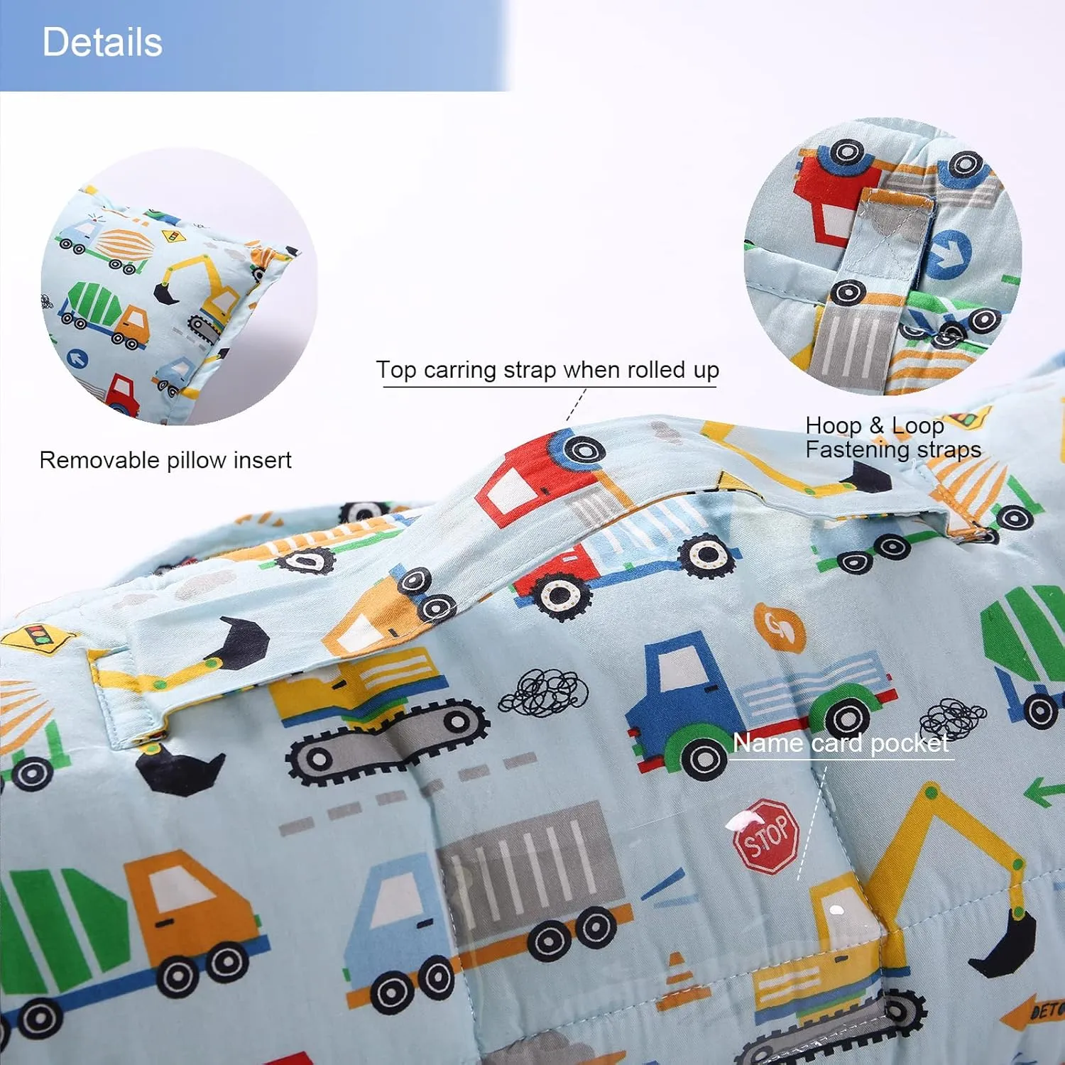 Toddler Nap Mat with Removable Pillow and Minky Blanket,Soft Rolled Napping Mats for Boys and Girls,Lightweight Daycare,Preschool,Travel Toddler Sleeping Slumber Bag-50”×20”(Truck and Digger)
