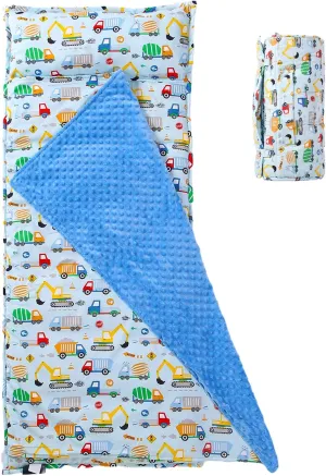Toddler Nap Mat with Removable Pillow and Minky Blanket,Soft Rolled Napping Mats for Boys and Girls,Lightweight Daycare,Preschool,Travel Toddler Sleeping Slumber Bag-50”×20”(Truck and Digger)