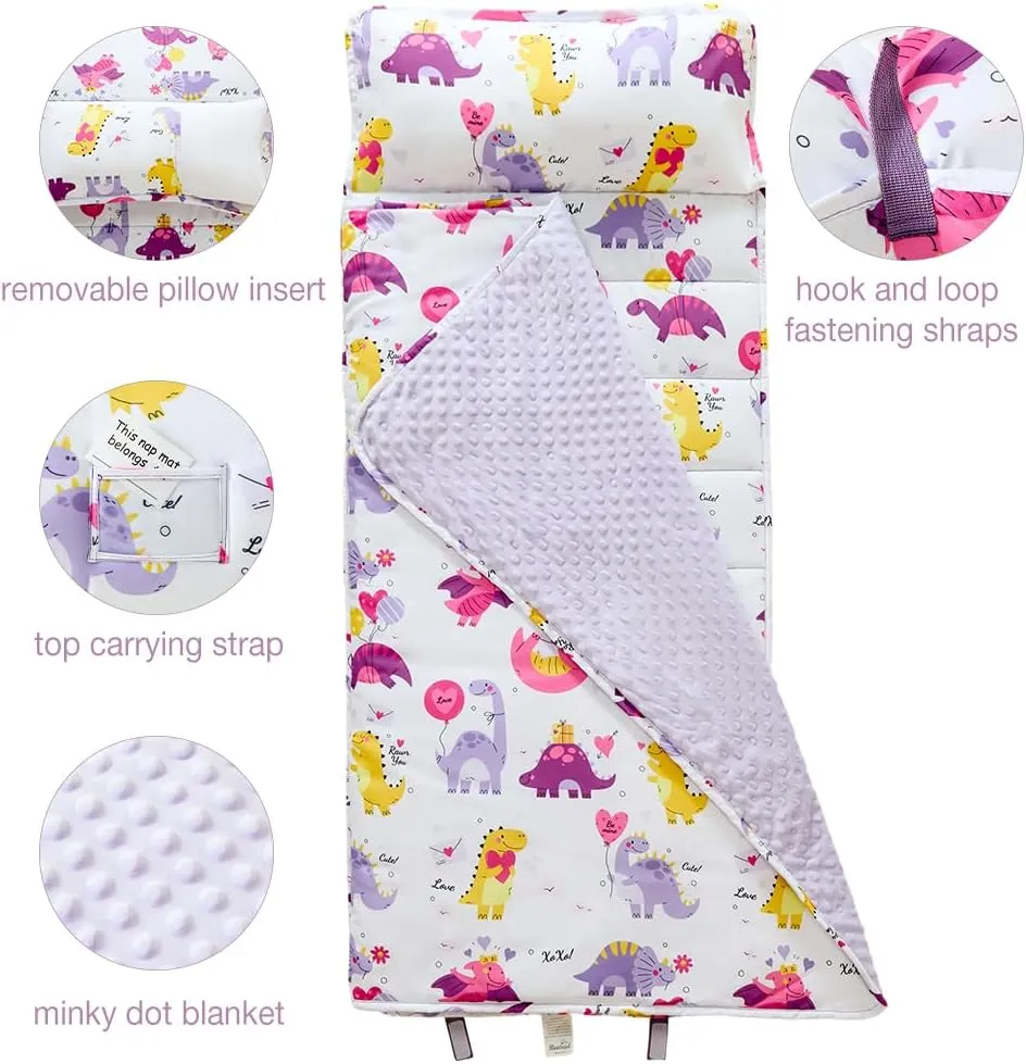 Toddler Nap Mat with Removable Pillow and Plush Blanket, Roll Up Napping Mats for Kids Ages 3-6 Years, Kid Sleeping Bag for Preschool Daycare Travel Camping, 53" x 23"