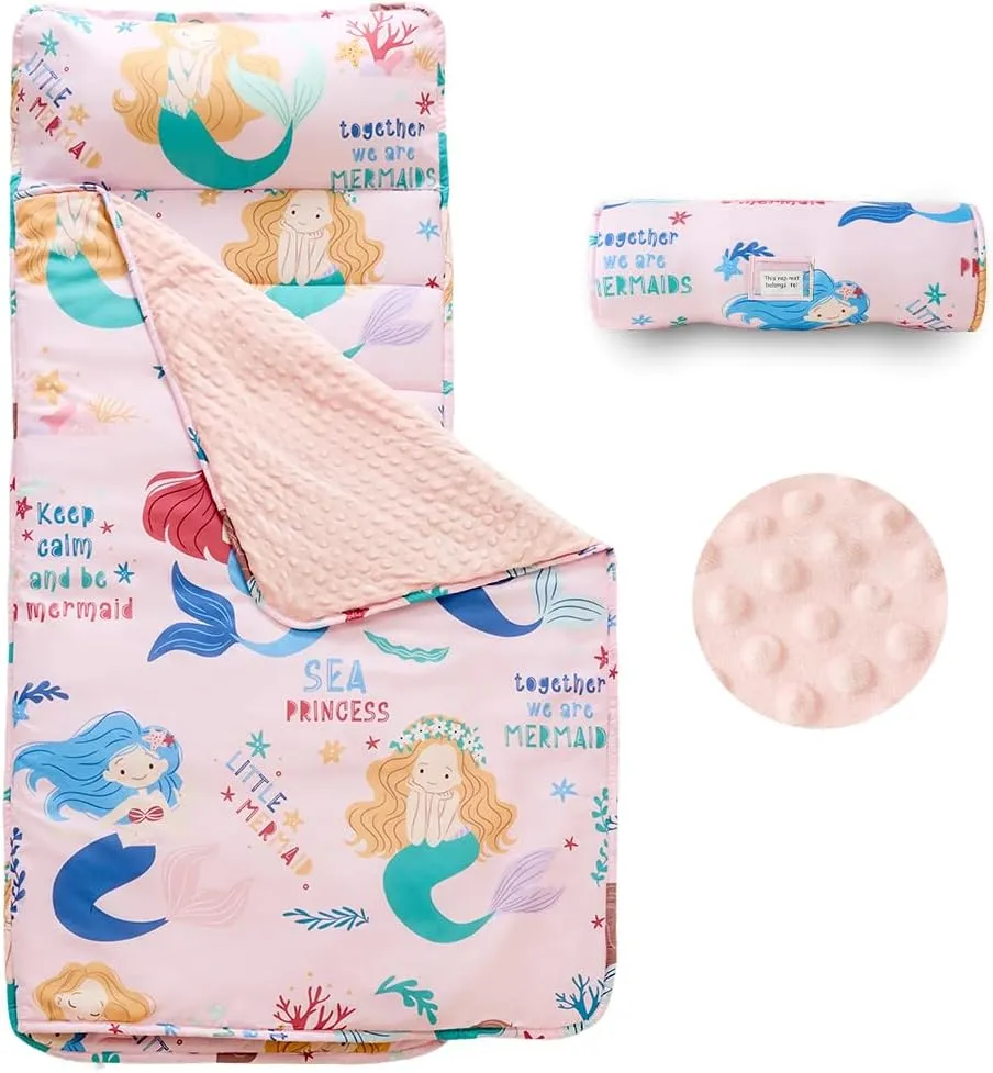 Toddler Nap Mat with Removable Pillow and Plush Blanket, Roll Up Napping Mats for Kids Ages 3-6 Years, Kid Sleeping Bag for Preschool Daycare Travel Camping, 53" x 23"