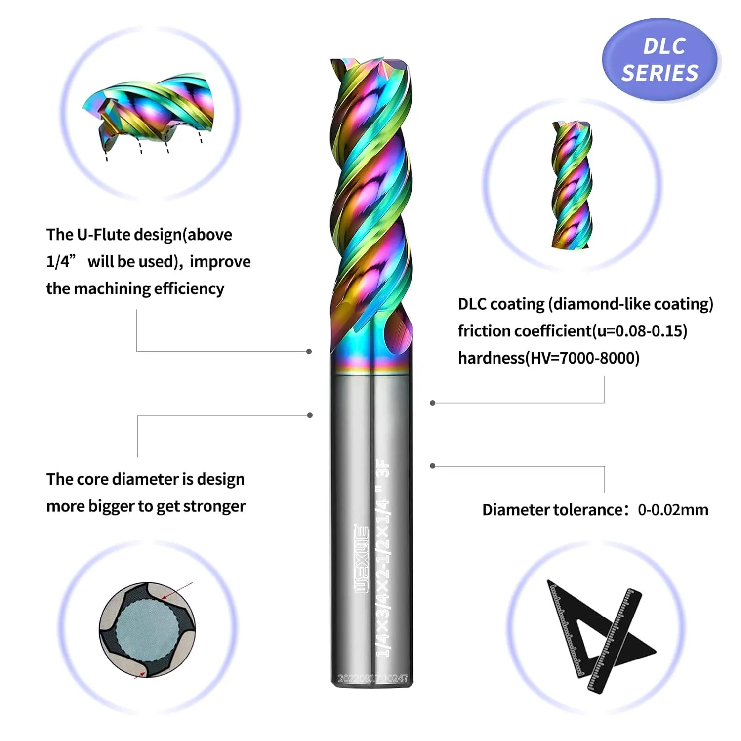 Tools Carbide End Mills Set, DLC Coating, CNC Mill Bits for Aluminum, Composite Materials,3 Flute Solid Carbide Square End Mills (1/8" 3/16" 1/4" 3/8" 1/2" 5pcs)