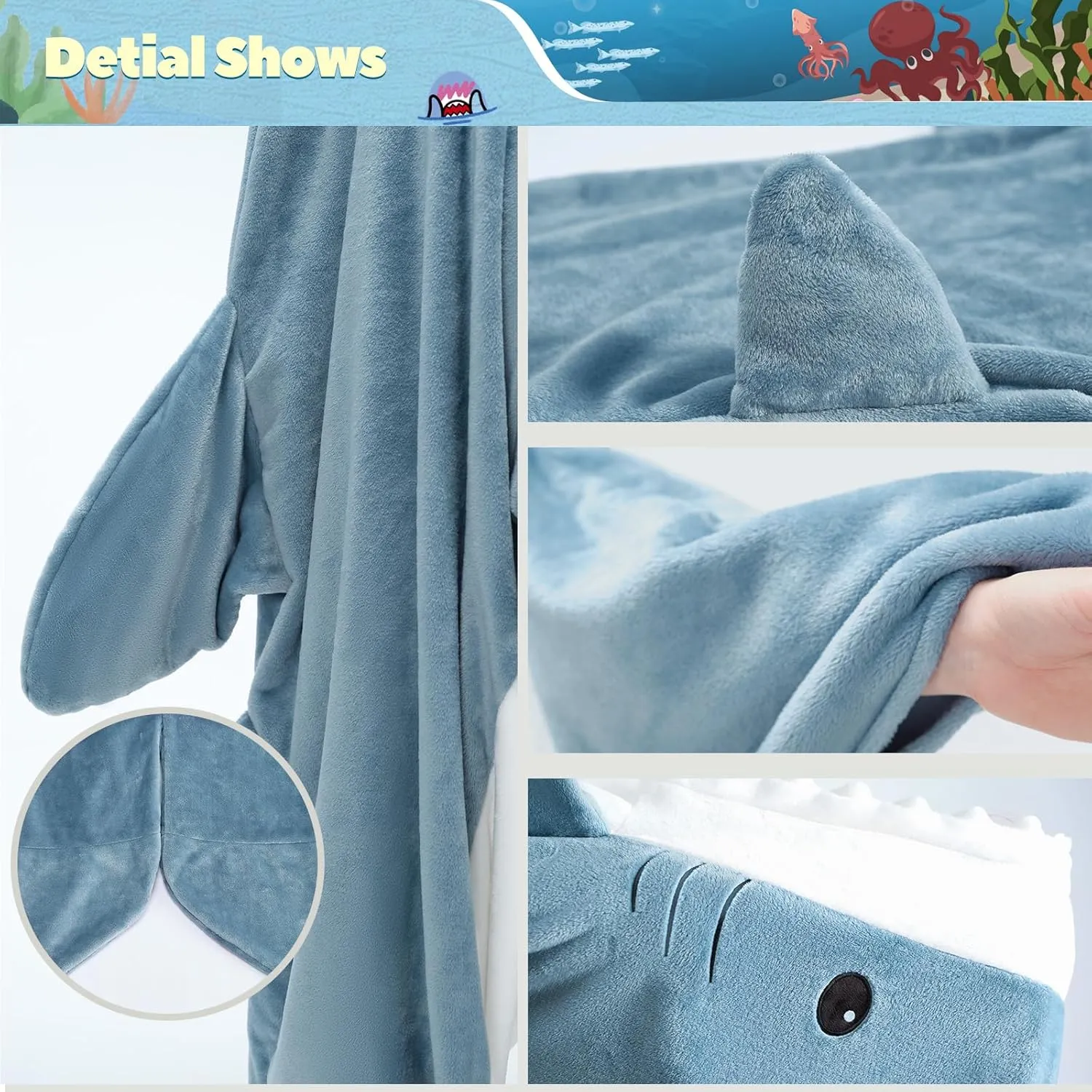 Touchat Shark Blanket for Adult Super Soft Cozy Flannel Throw Wearable Blanket, Cartoon Animals Blanket Hoodie, Sleeping Bag Cosplay Shark Costume Gifts for Shark Lovers (Blue,L)