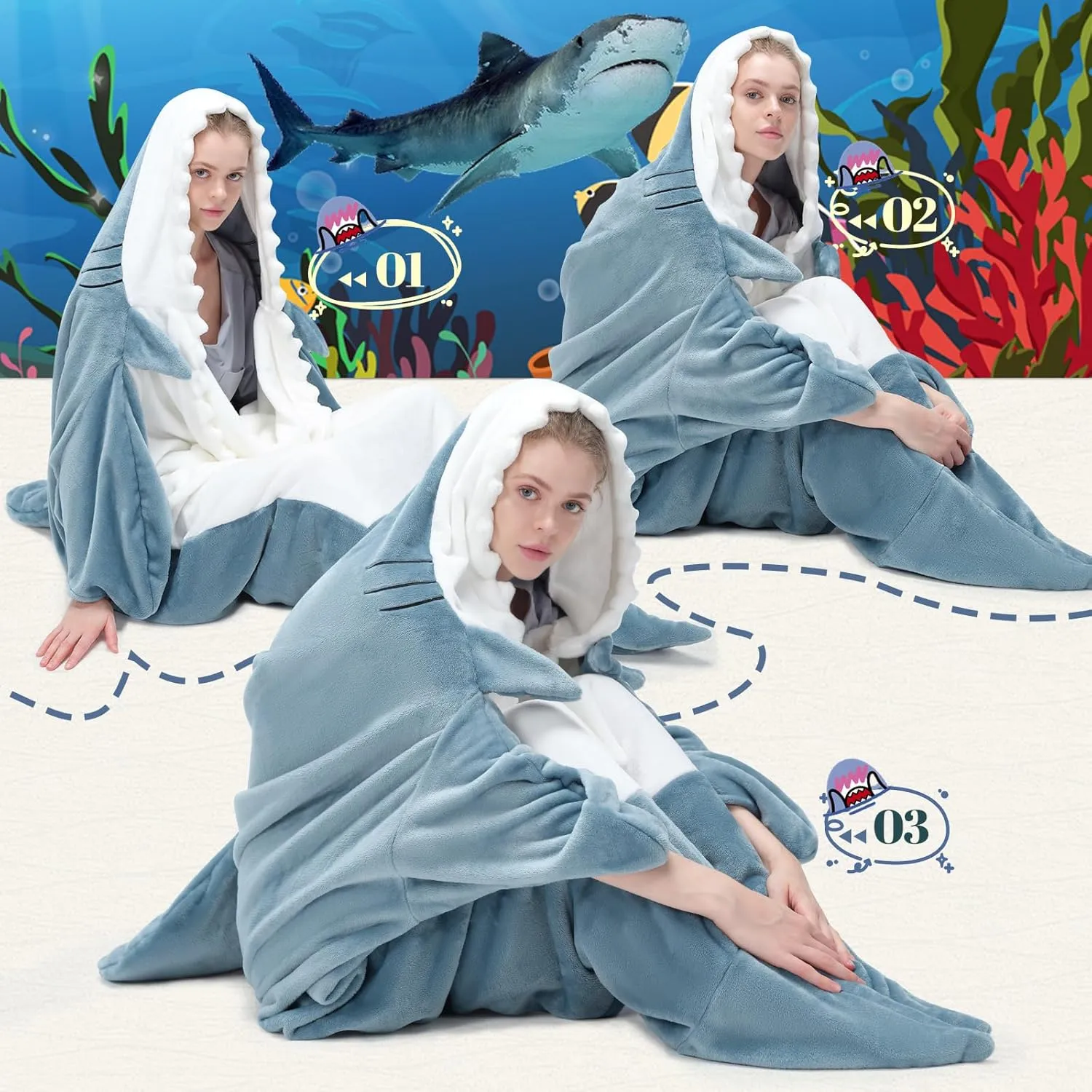 Touchat Shark Blanket for Adult Super Soft Cozy Flannel Throw Wearable Blanket, Cartoon Animals Blanket Hoodie, Sleeping Bag Cosplay Shark Costume Gifts for Shark Lovers (Blue,L)