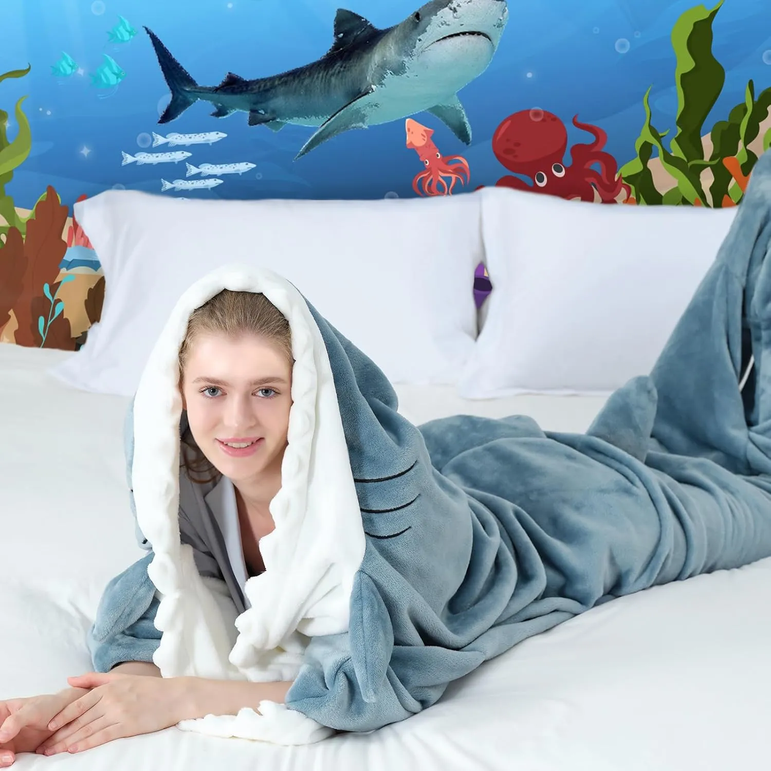 Touchat Shark Blanket for Adult Super Soft Cozy Flannel Throw Wearable Blanket, Cartoon Animals Blanket Hoodie, Sleeping Bag Cosplay Shark Costume Gifts for Shark Lovers (Blue,L)