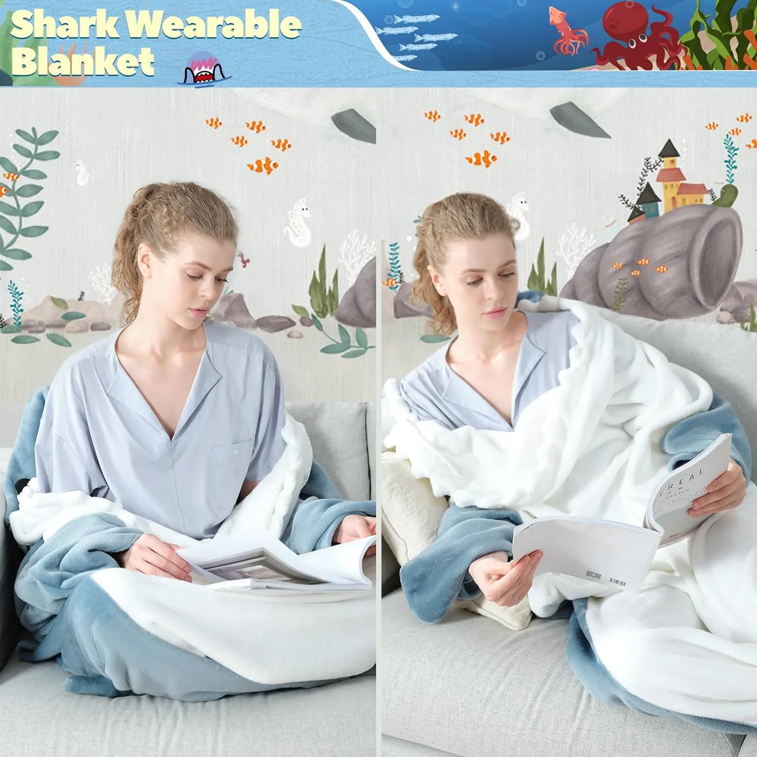 Touchat Shark Blanket for Adult Super Soft Cozy Flannel Throw Wearable Blanket, Cartoon Animals Blanket Hoodie, Sleeping Bag Cosplay Shark Costume Gifts for Shark Lovers (Blue,L)