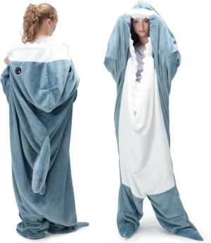 Touchat Shark Blanket for Adult Super Soft Cozy Flannel Throw Wearable Blanket, Cartoon Animals Blanket Hoodie, Sleeping Bag Cosplay Shark Costume Gifts for Shark Lovers (Blue,L)