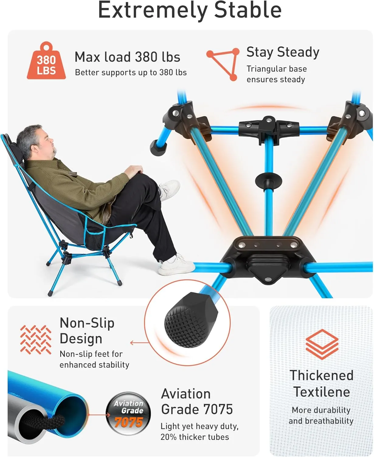 TOURIT Portable Folding Camping Backpack Chair with Head Support, High Back Stable Compact Outdoor Chair for Beach Picnic Travel Hiking, Supports 380 Lbs, Black