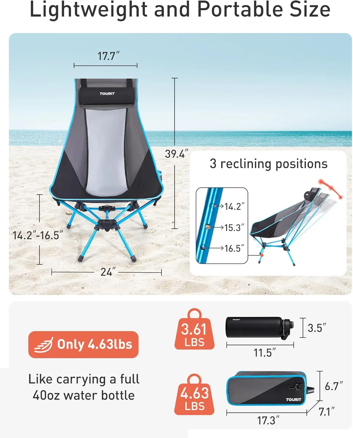 TOURIT Portable Folding Camping Backpack Chair with Head Support, High Back Stable Compact Outdoor Chair for Beach Picnic Travel Hiking, Supports 380 Lbs, Black