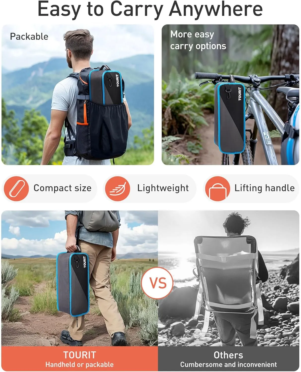 TOURIT Portable Folding Camping Backpack Chair with Head Support, High Back Stable Compact Outdoor Chair for Beach Picnic Travel Hiking, Supports 380 Lbs, Black