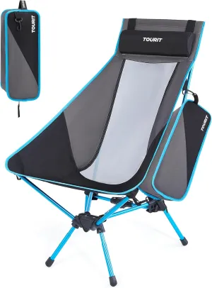 TOURIT Portable Folding Camping Backpack Chair with Head Support, High Back Stable Compact Outdoor Chair for Beach Picnic Travel Hiking, Supports 380 Lbs, Black