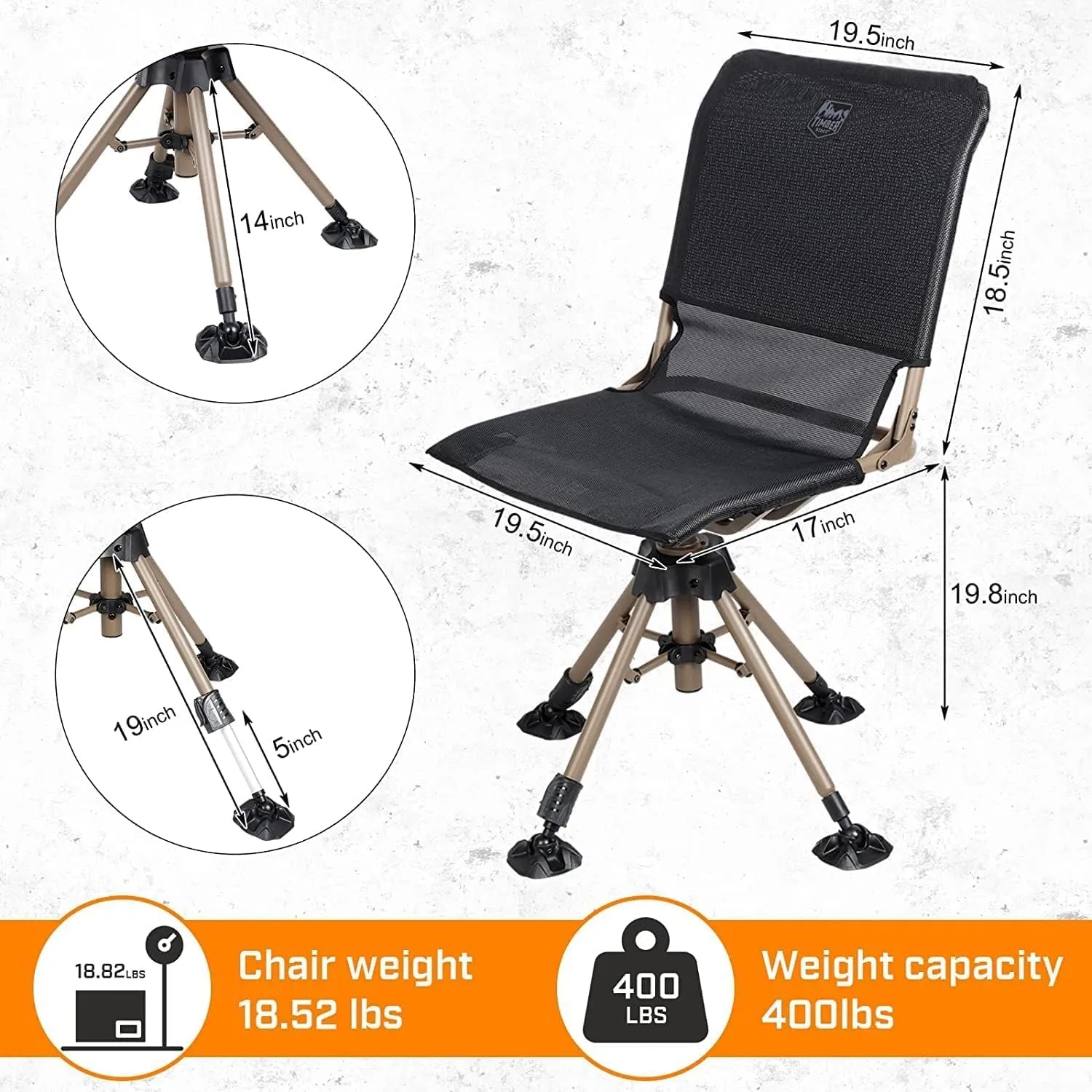 TR Hunting Chair 360 Degree Silent Swivel Folding Chair for Blinds, 400lbs Capacity 2 Legs Adjustable Height Comfortable Stable Hunting Seats, Portable Ground Hunting Chair
