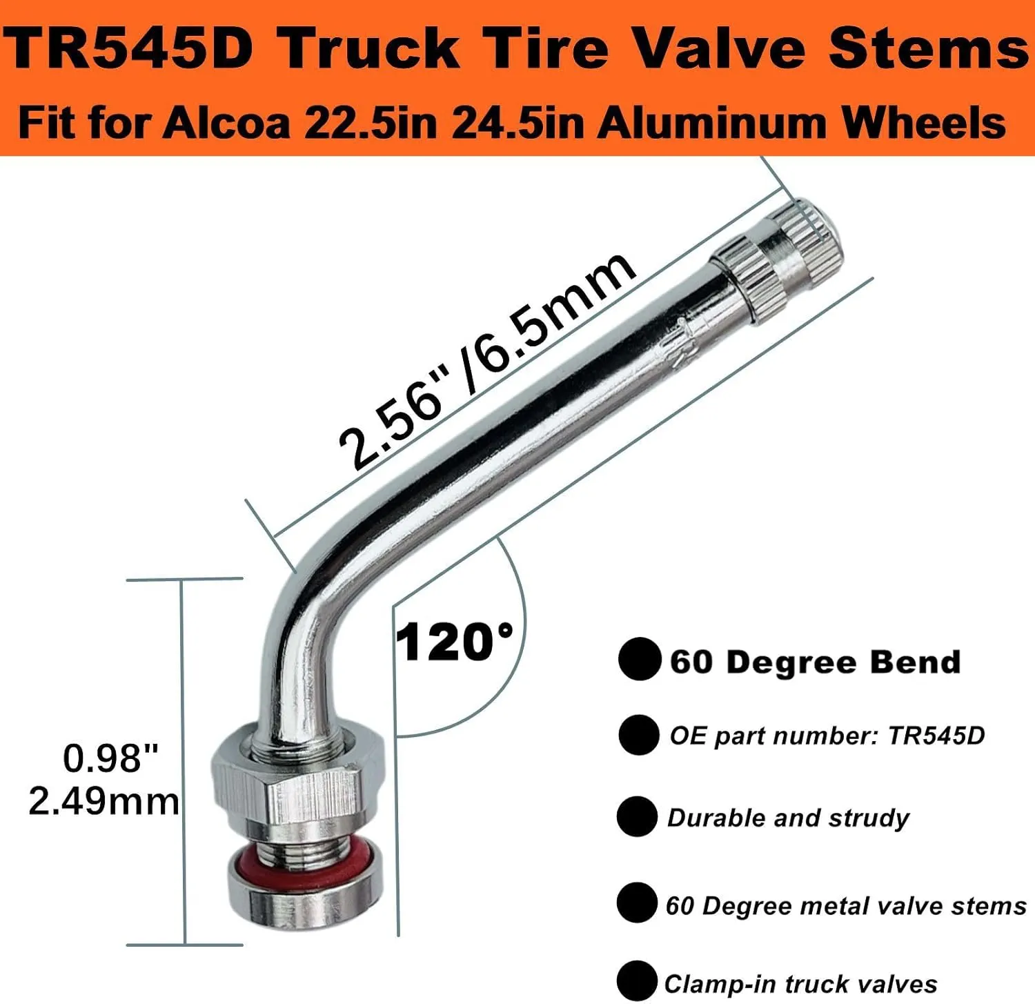 TR545D Truck Tire Valve Stems, 60 Degree Brass Valve Stems Compatible with Alcoa 22.5in 24.5in Aluminum Wheels 9.7mm Rim Hole (Pack of 10), Clamp-in Brass Valve Stem for Truck and Bus Tires